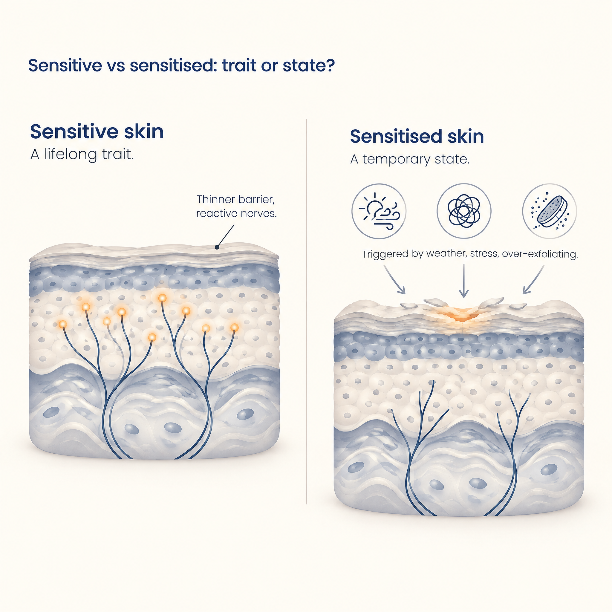 Diagram comparing sensitive skin as a trait versus sensitised skin as a temporary state