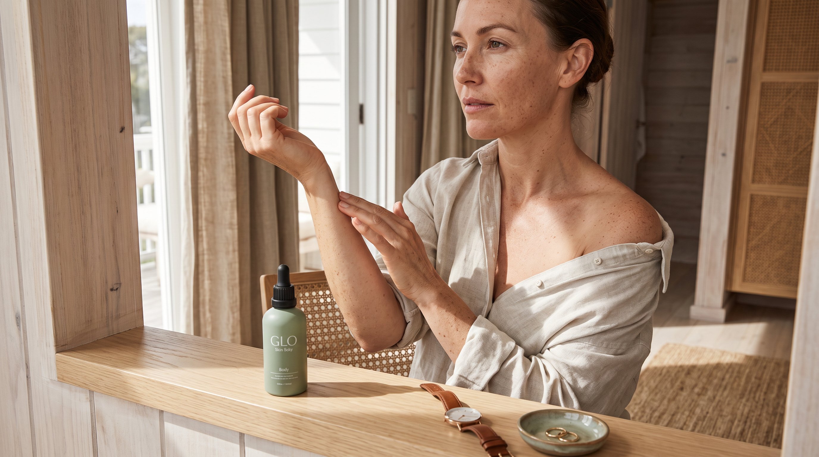 Person pressing serum into the skin on their inner arm and chest