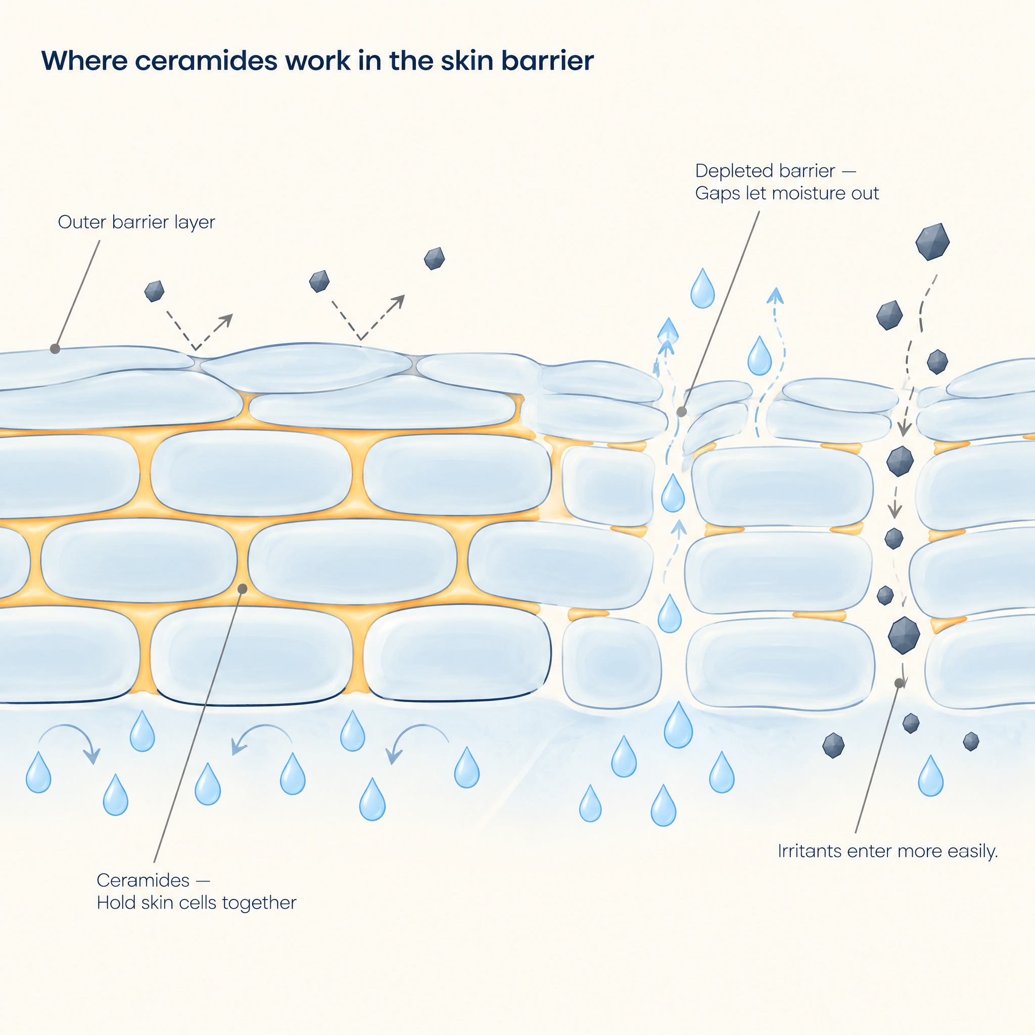 Cross-section diagram of skin barrier showing ceramides between skin cells and gaps where depleted
