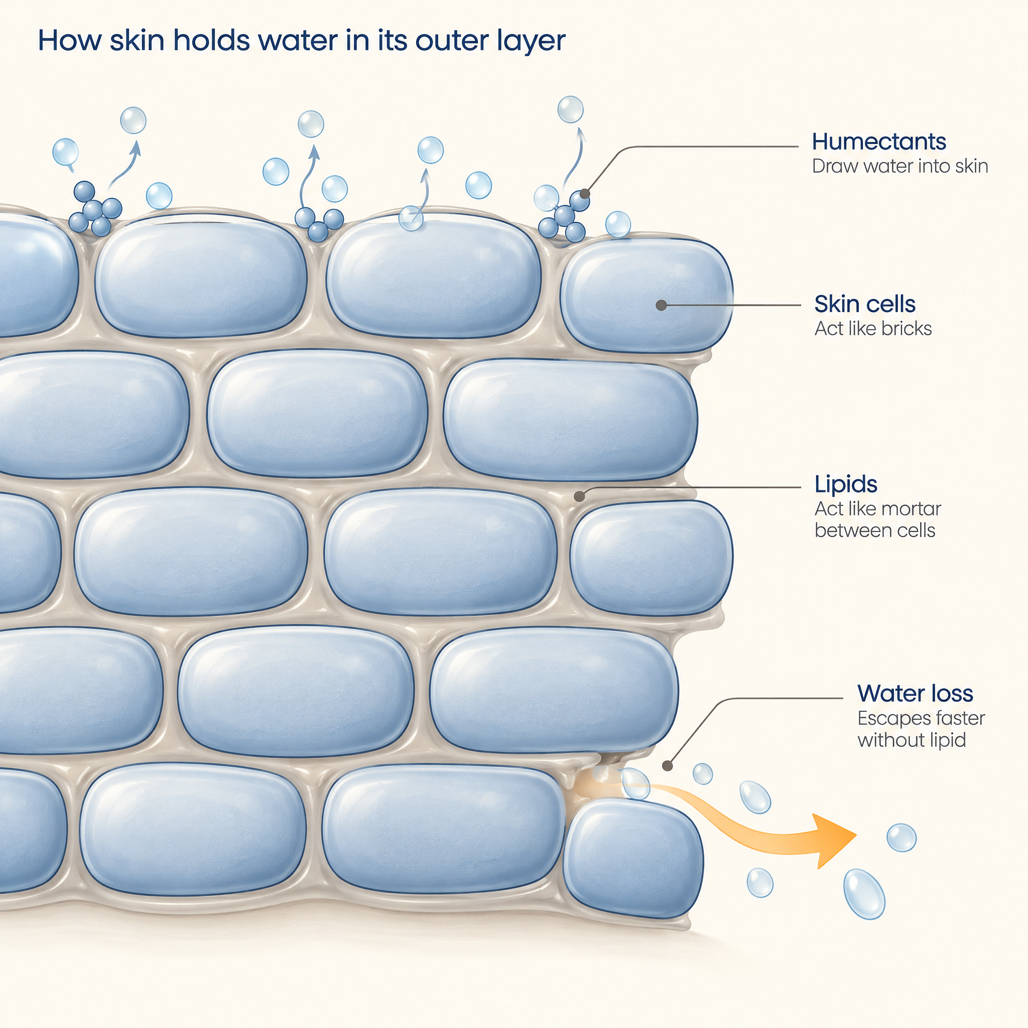 Cross-section diagram of skin showing cells as bricks and lipids as mortar holding in water.