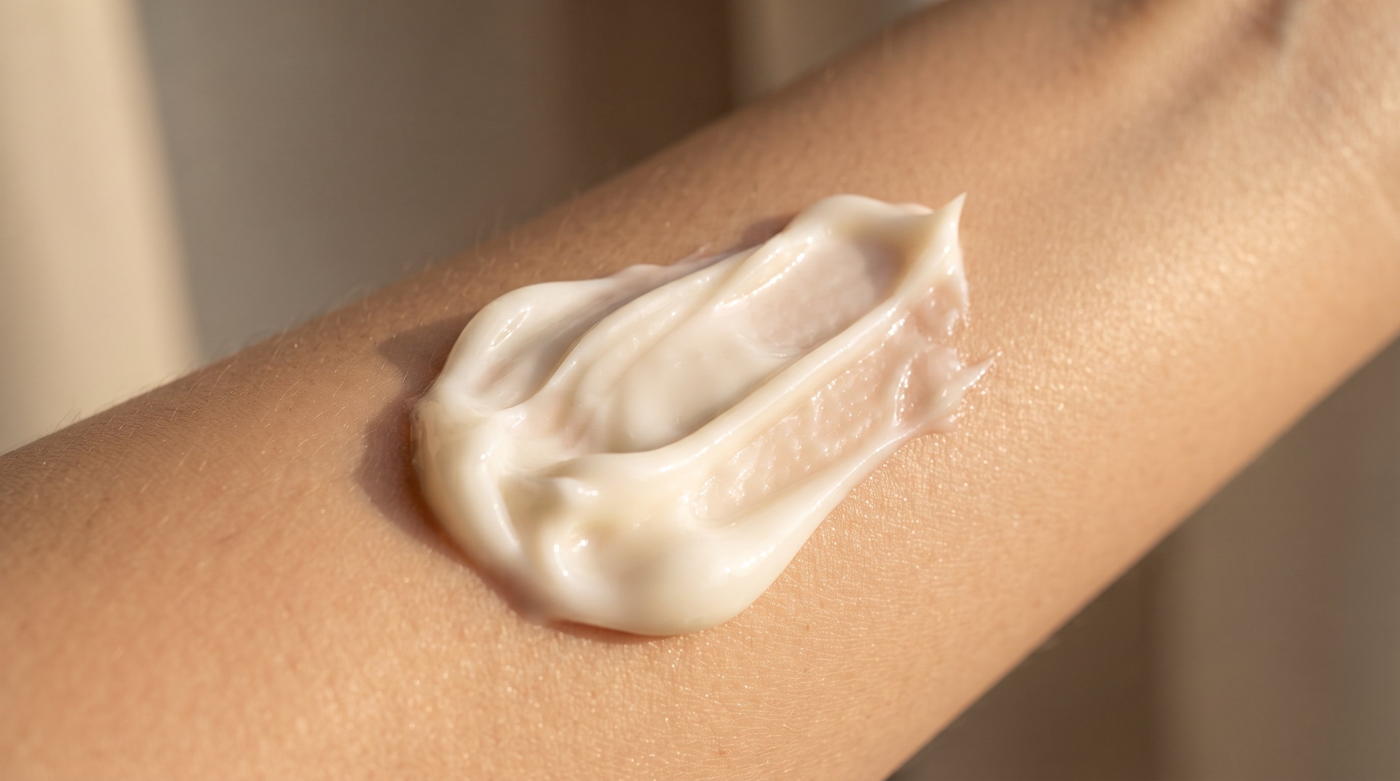 Close-up of a rich, creamy lipid serum texture swirled across skin.