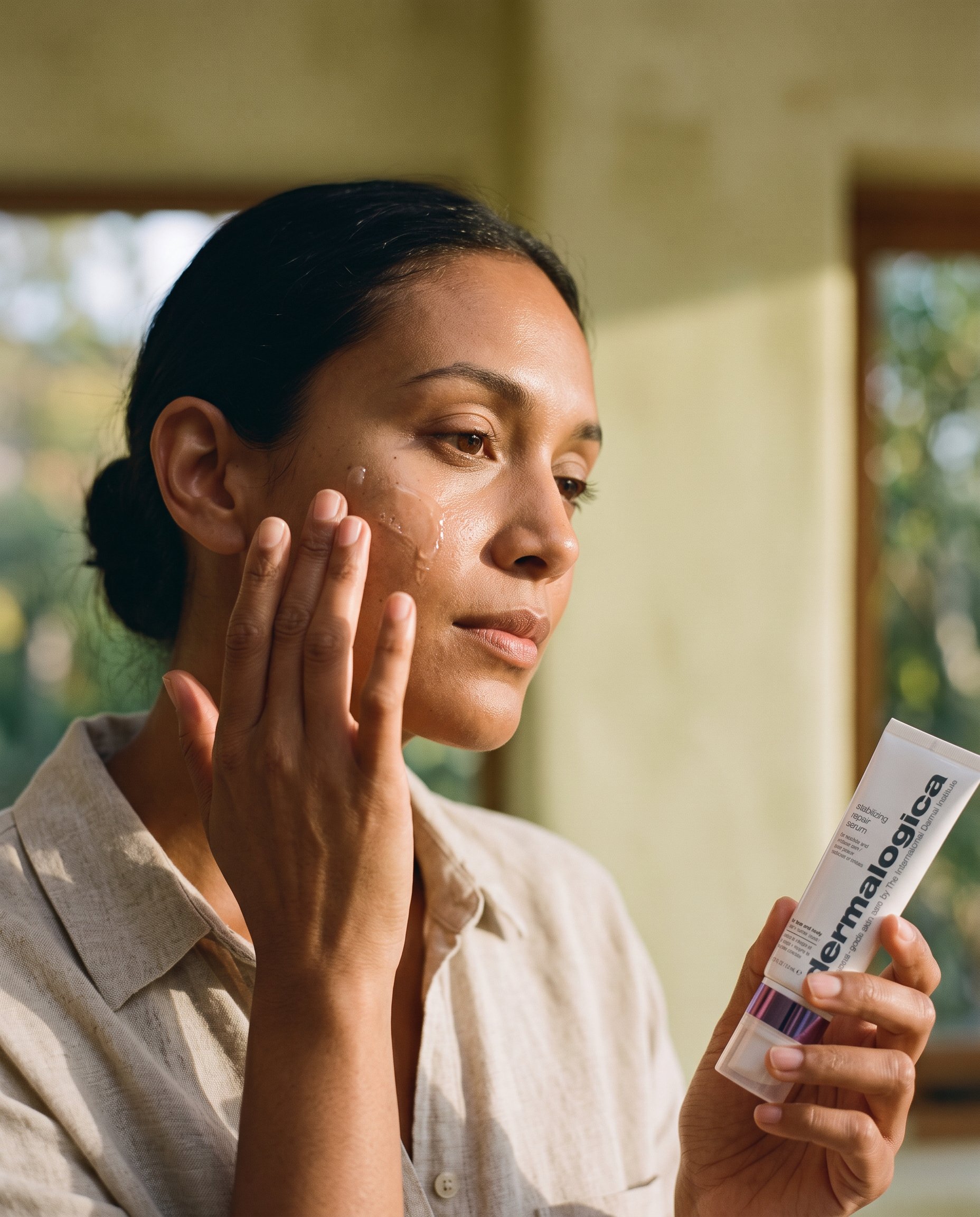 Woman applying Stabilizing Repair Serum to damp skin as part of a layered routine.