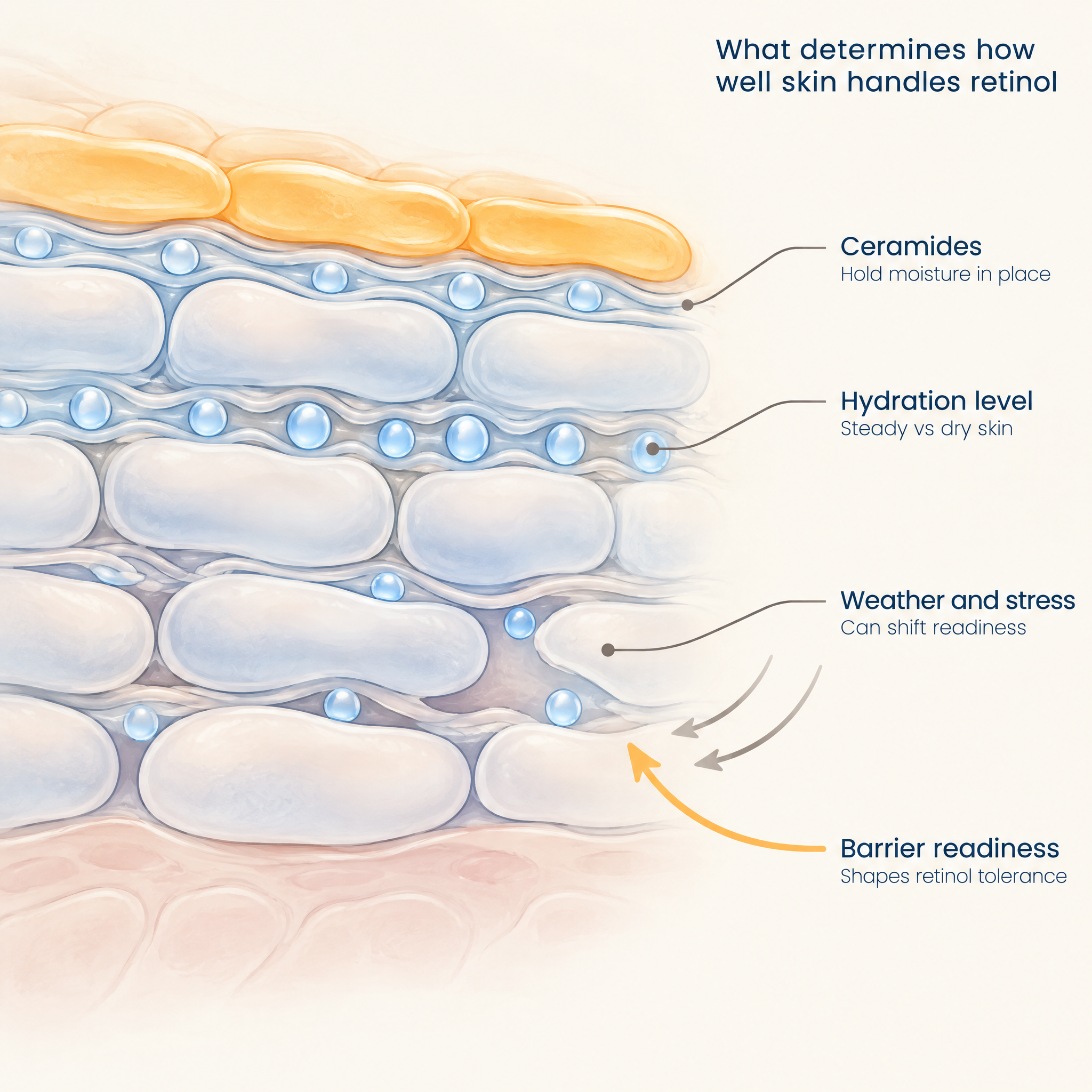 Diagram showing ceramides, hydration level and external factors that affect skin barrier readiness