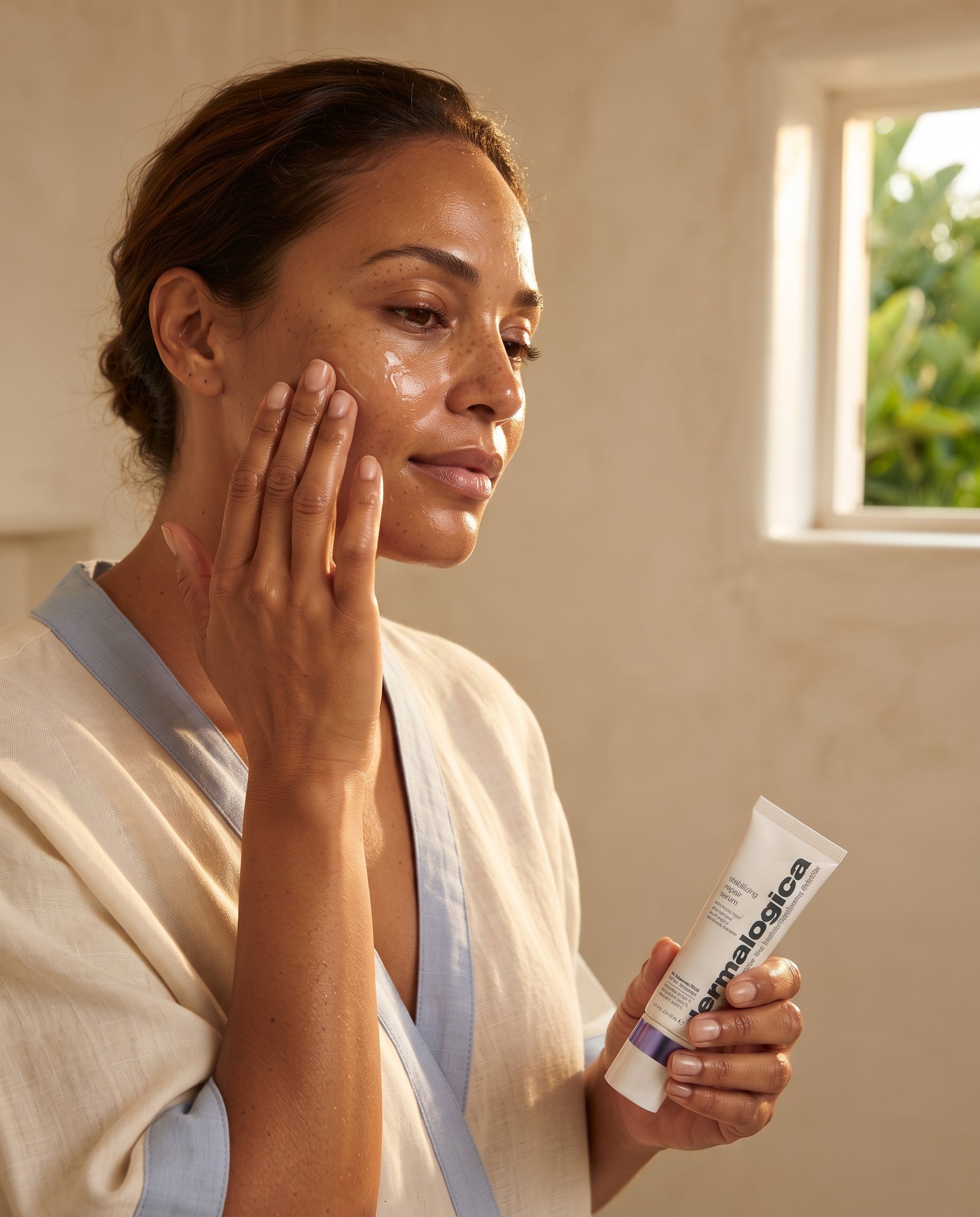 Person pressing a buffer serum into damp skin before applying their retinol