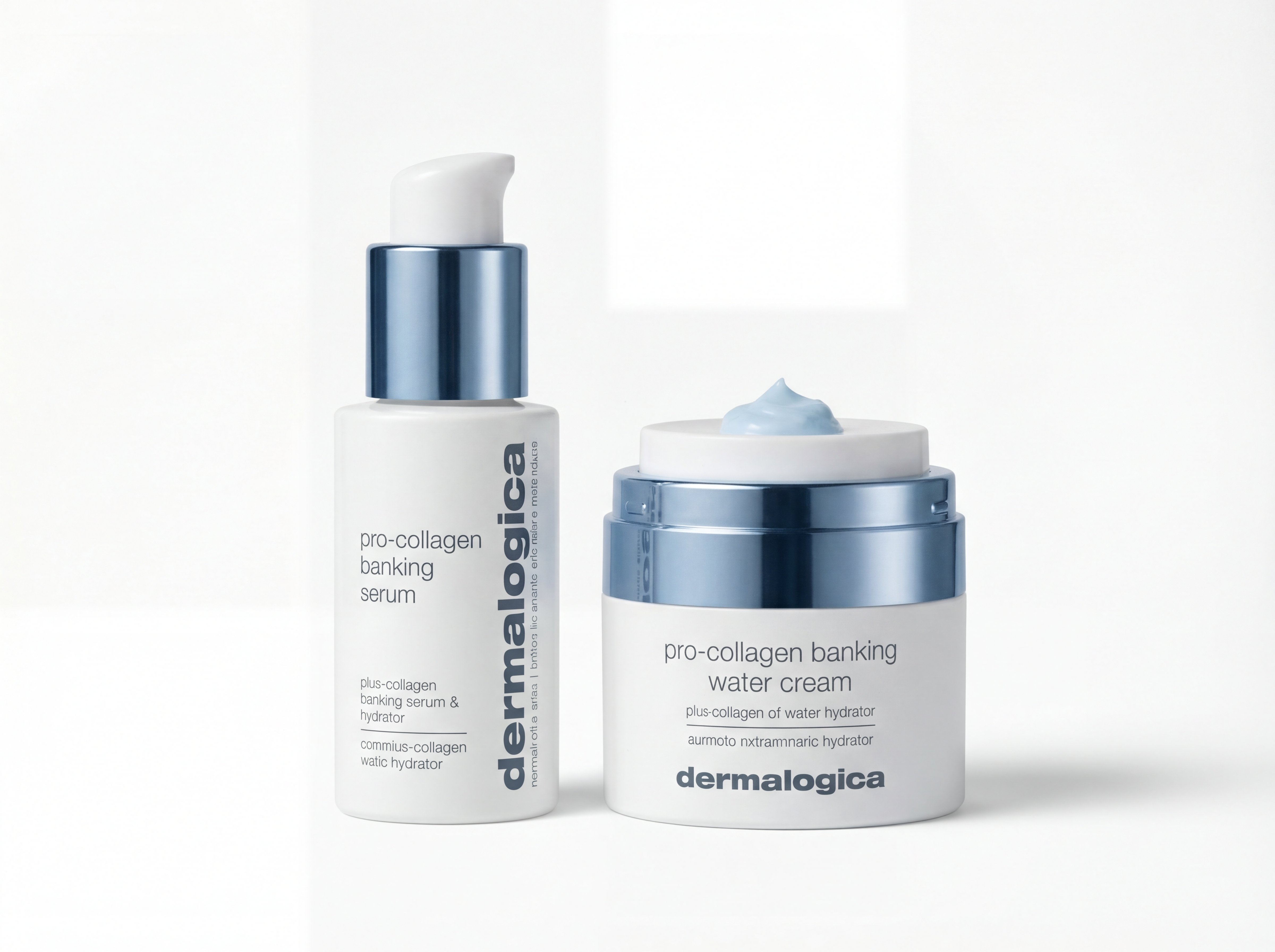Dermalogica Pro-Collagen Banking Serum and Water Cream bottles displayed together on white surface