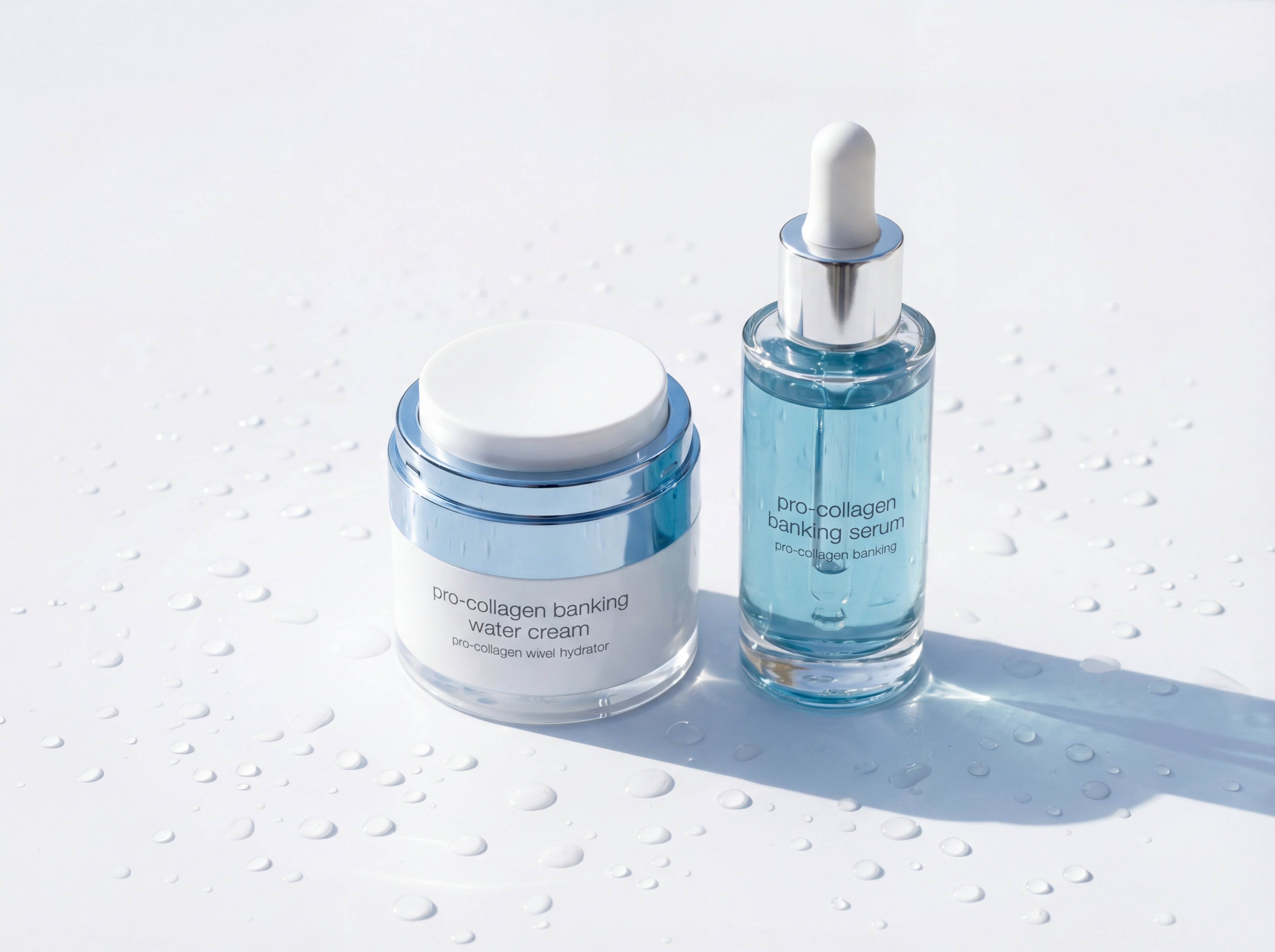 Dermalogica Pro-Collagen Banking Water Cream jar and serum bottle on white surface with water droplets in clean, minimal setting