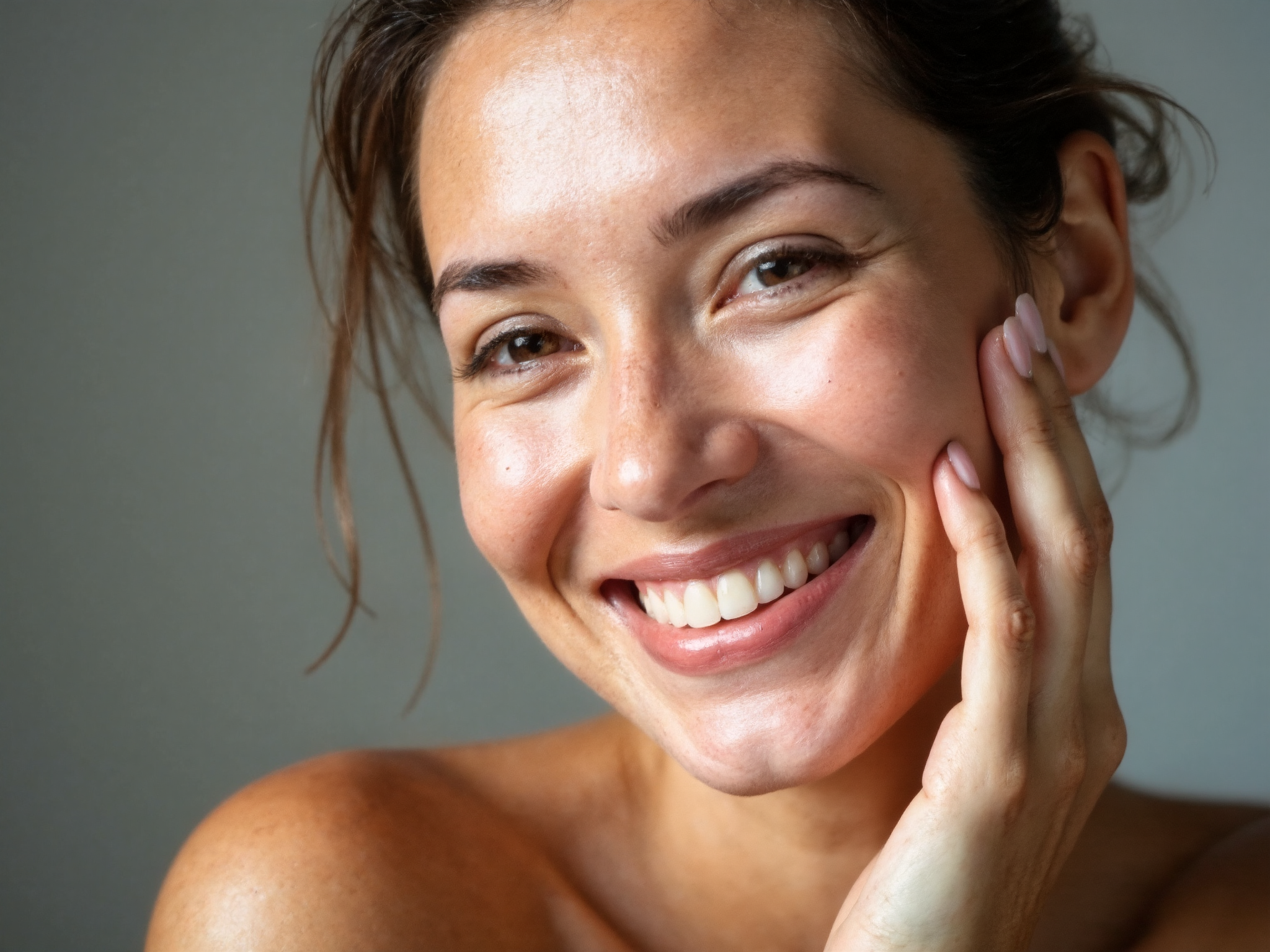 Woman in her 40s with healthy glowing skin touching her face, showing results of complete skincare routine