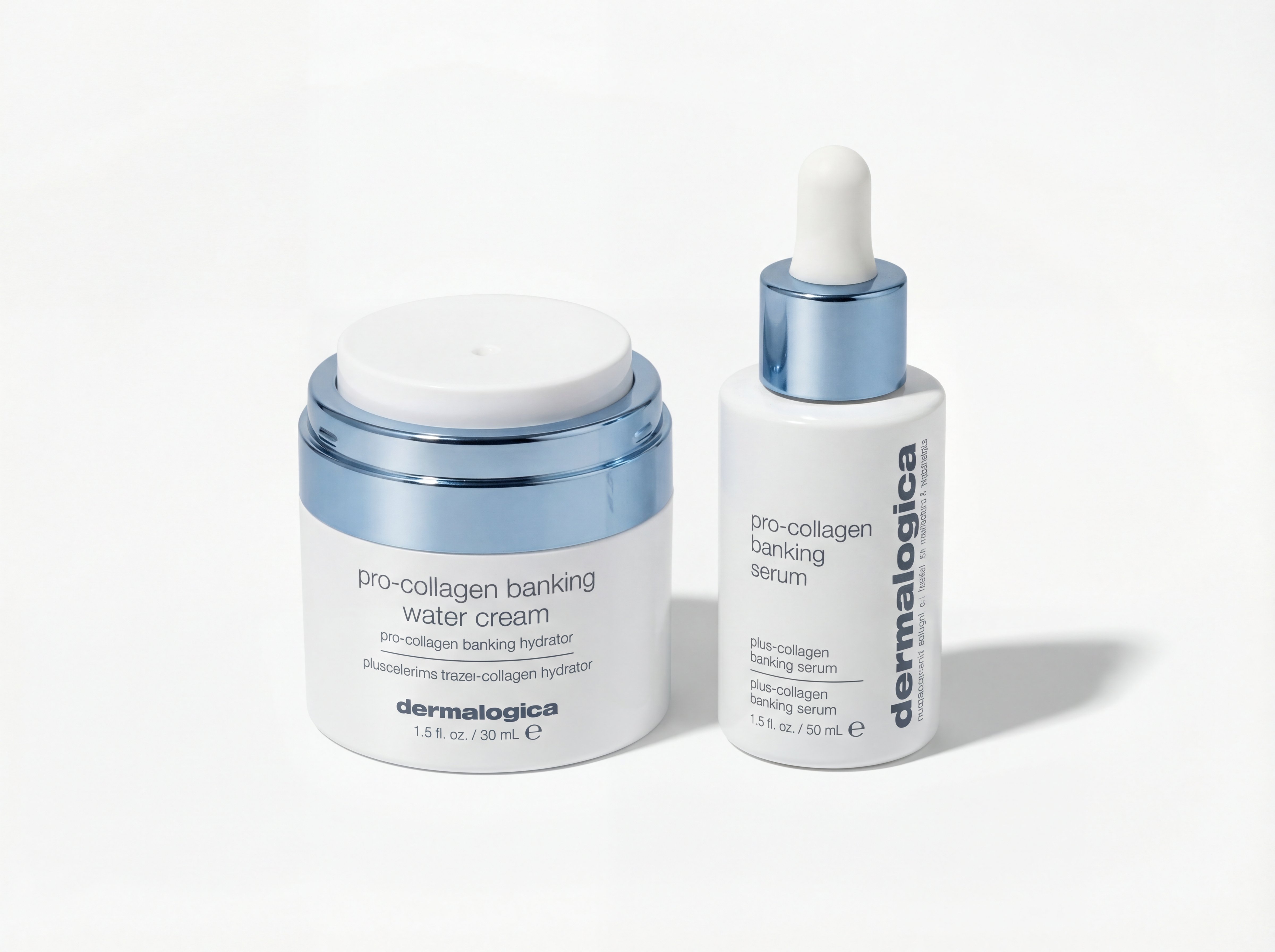 Dermalogica Pro-Collagen Banking Serum and Water Cream products photographed together on white background