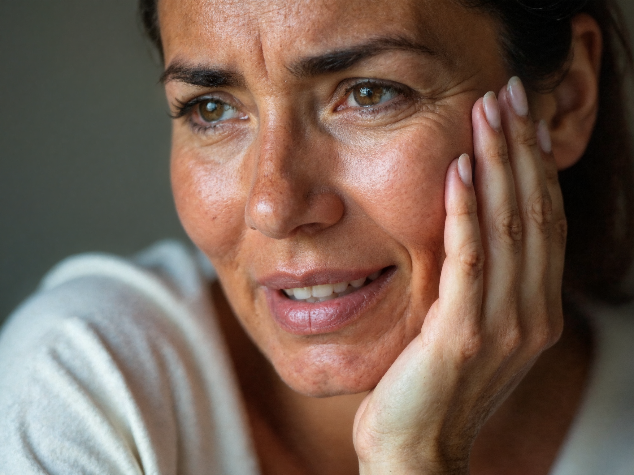 Woman touching her face with concerned expression showing sensitive reactive skin discomfort