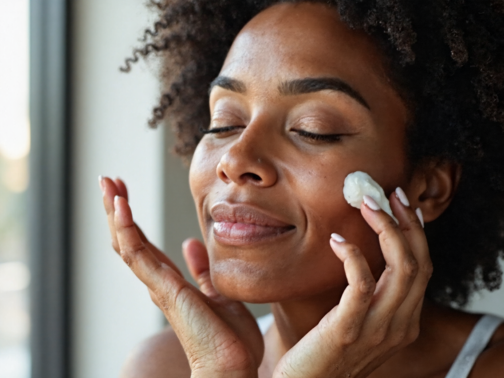 Woman peacefully applying facial cream with fingertips, eyes closed, showing gentle skincare application technique
