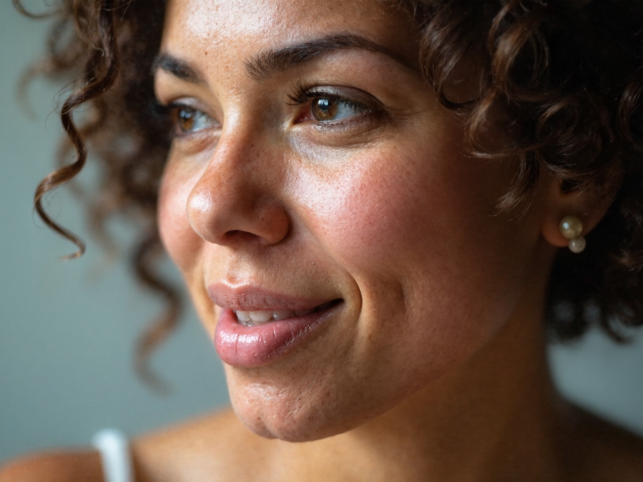 Close-up of woman's face showing enlarged pores and dehydrated skin texture with visible sebum production
