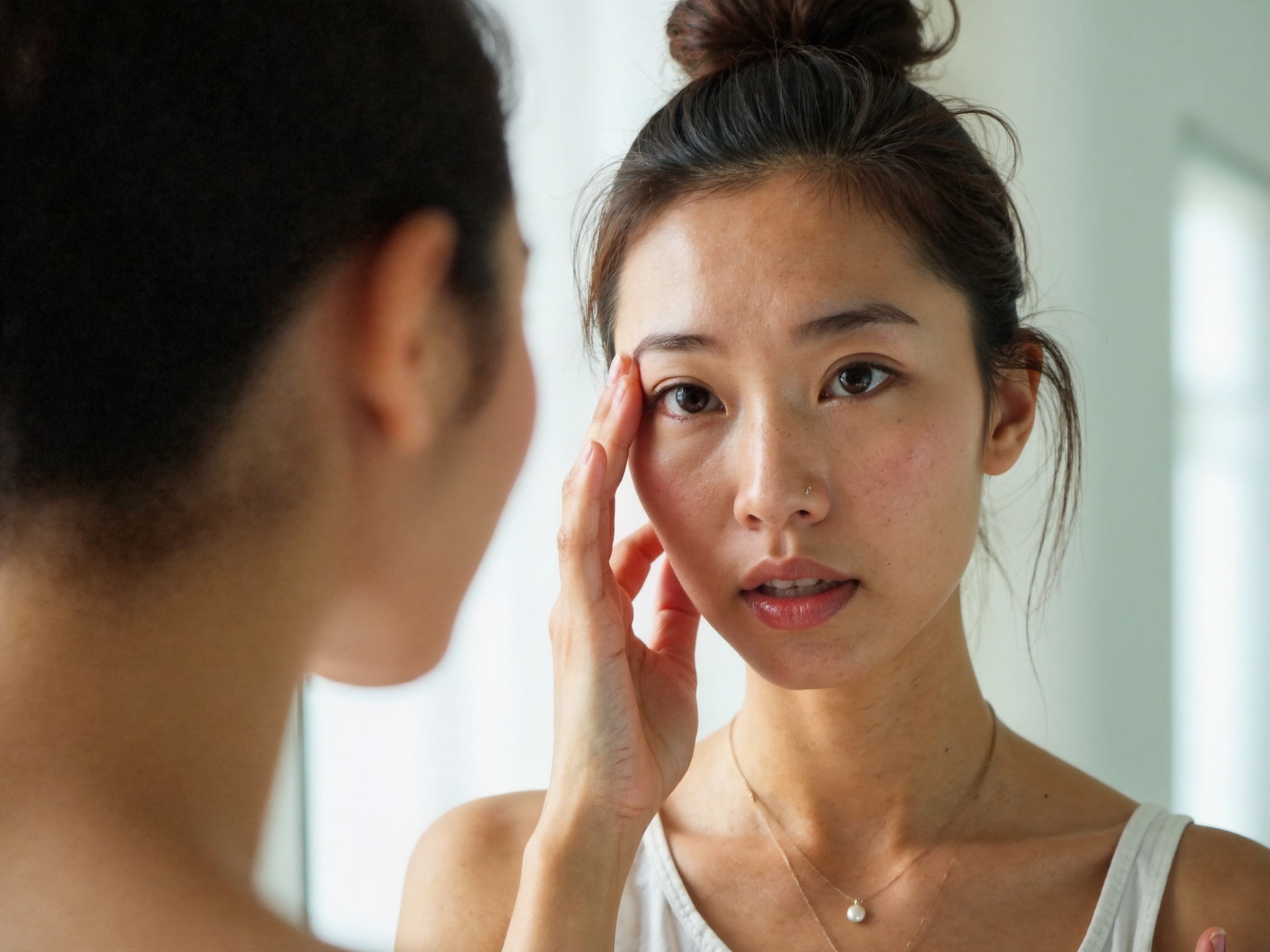 Woman in her late 30s examining fine lines near her eyes in a bathroom mirror with natural morning light