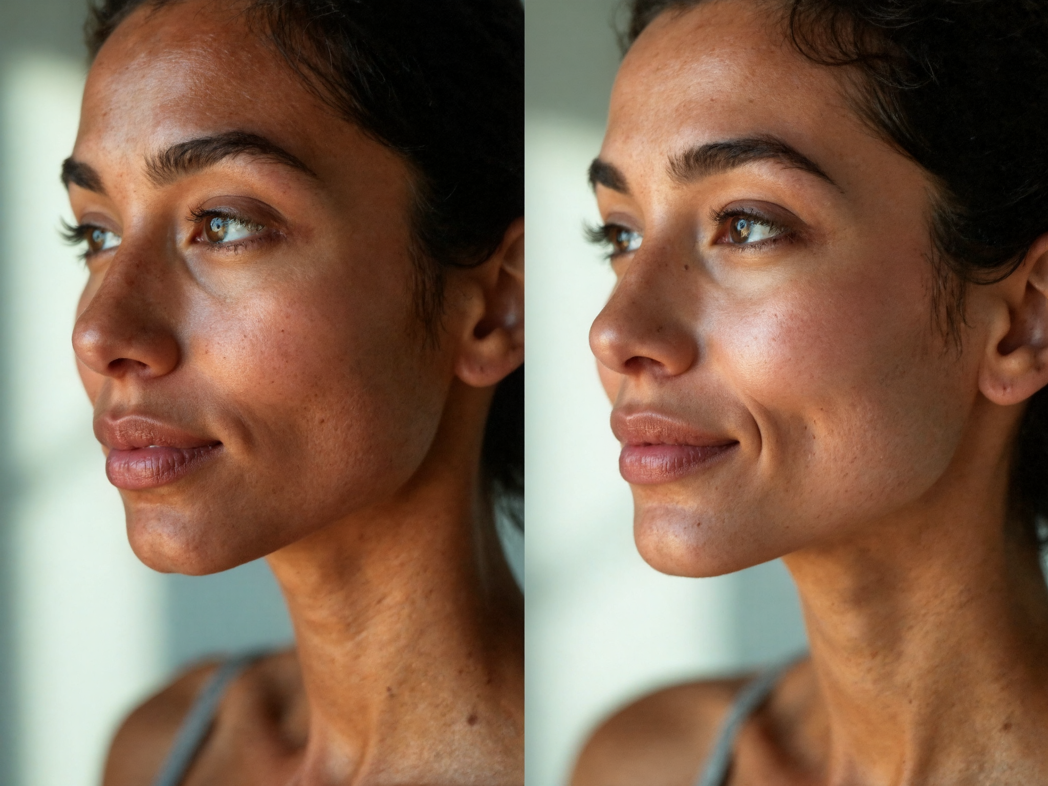Before and after comparison showing reduction in oily shine and normalised sebum production after consistent hydration