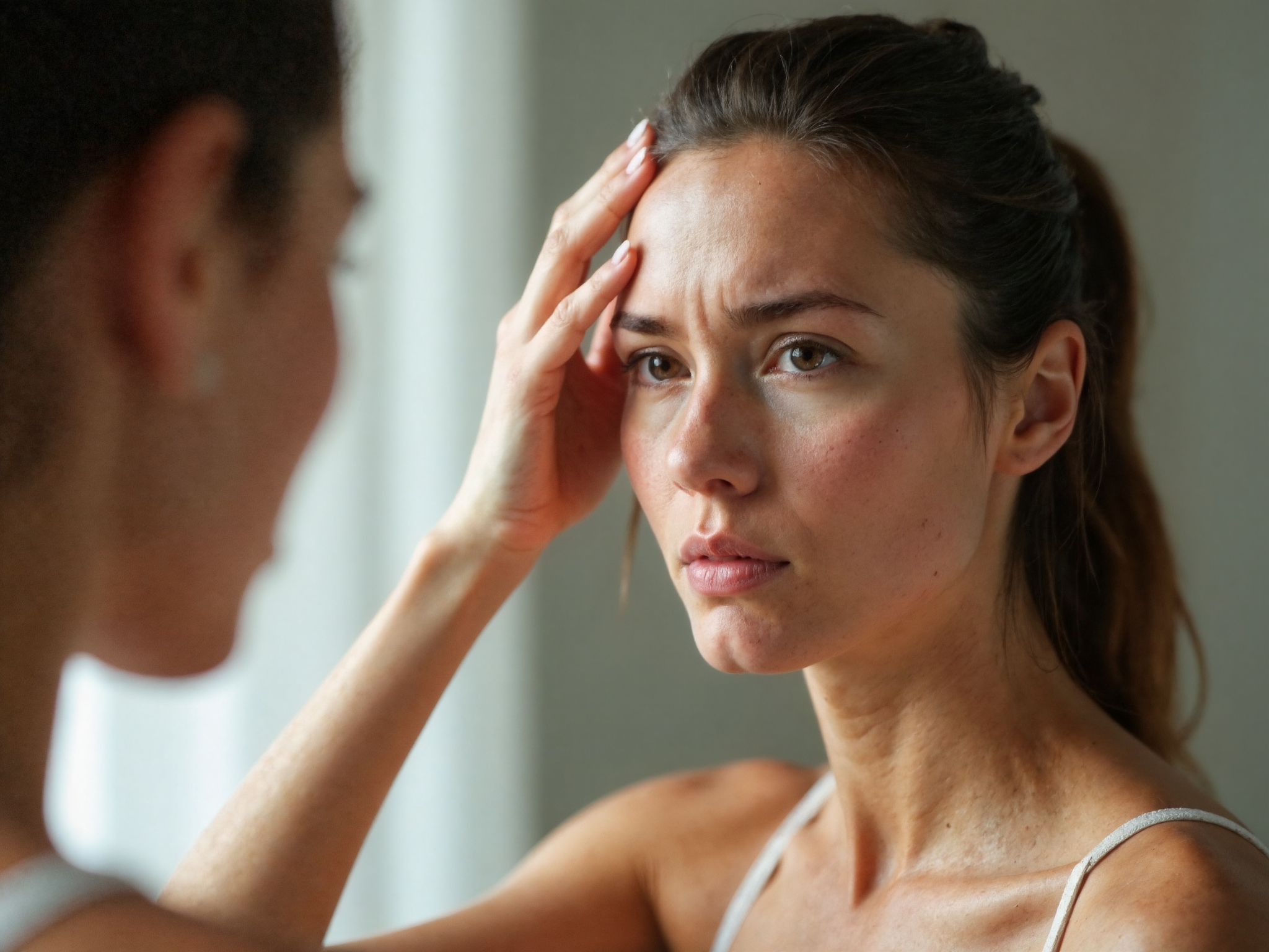 Woman showing frustration with hand on forehead, profile view in bathroom setting with tight, uncomfortable-looking skin