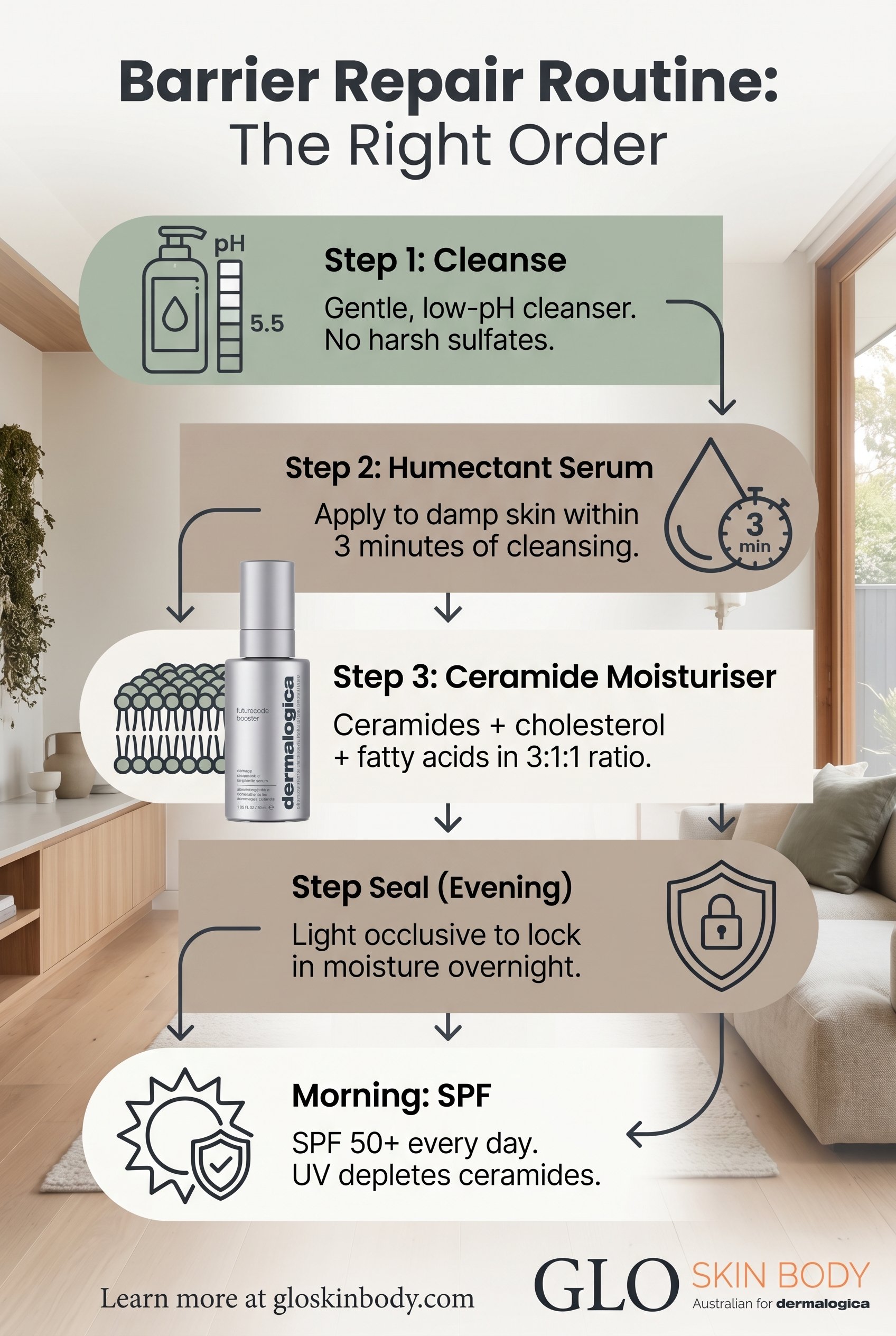 Process diagram showing four-step barrier repair routine: gentle cleanser, humectant serum on damp skin within three minutes, ceramide moisturiser, occlusive seal in the evening, with SPF shown as a morning final step.