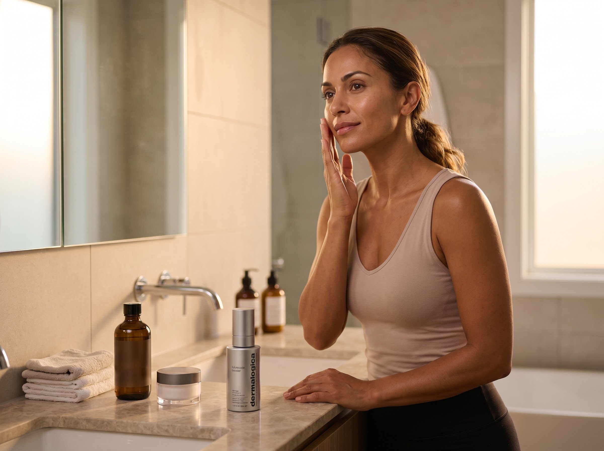 39-year-old Southern European Australian woman with brown skin pressing serum into her cheek in a softly lit bathroom in the evening