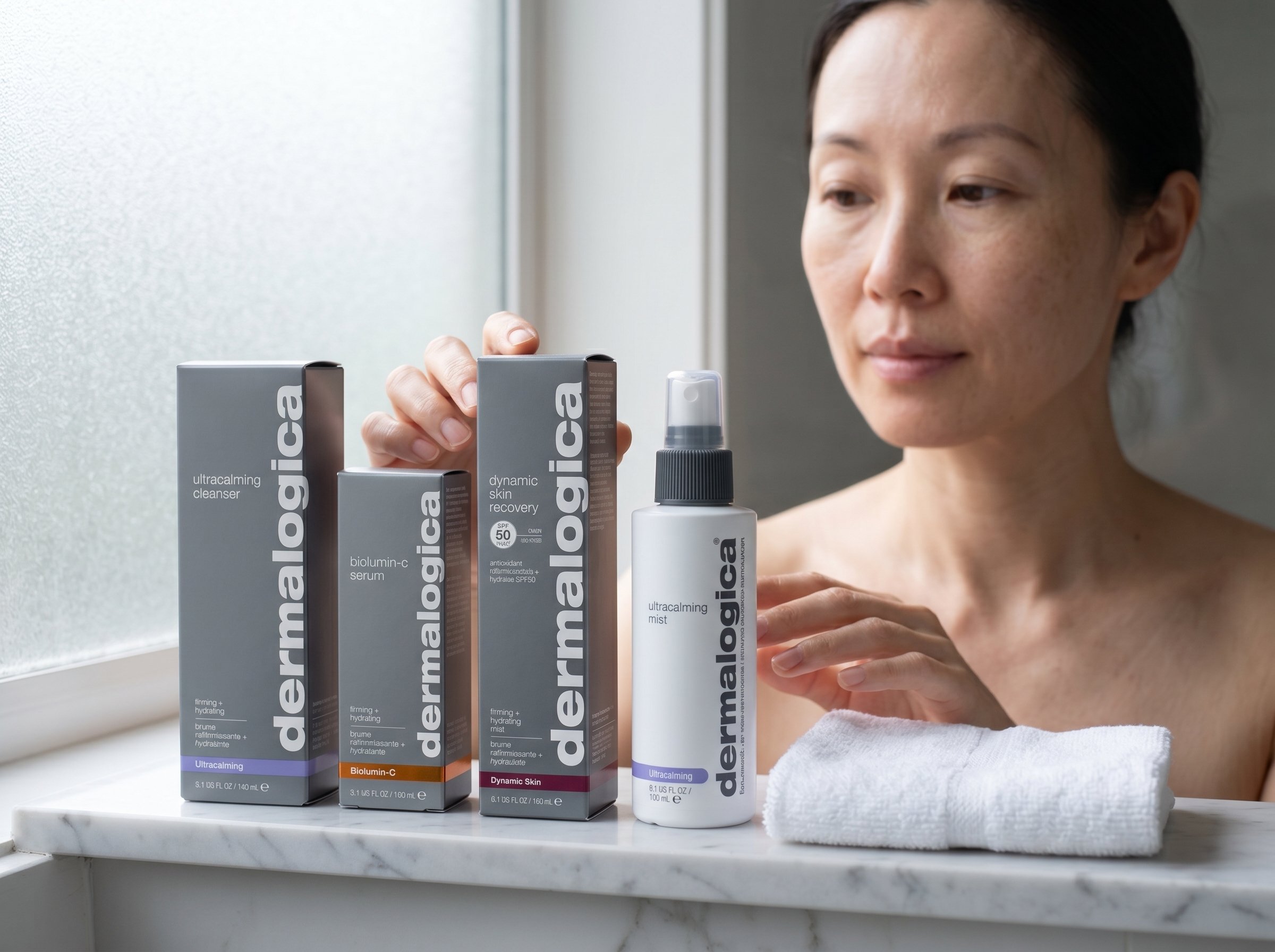 Three Dermalogica skincare products arranged neatly on a bathroom shelf in soft morning light.