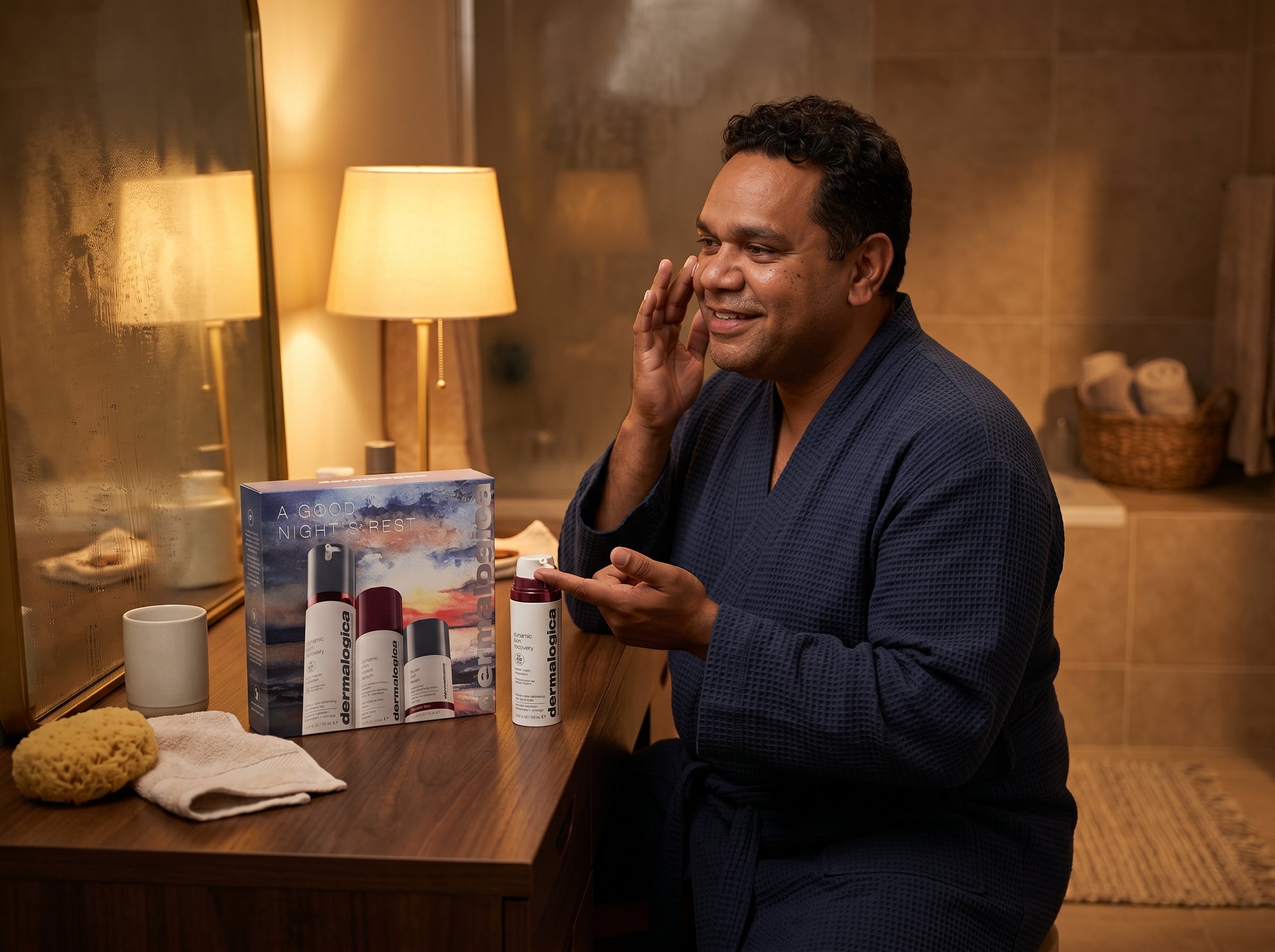 44-year-old Indigenous Australian man applying skincare in a warmly lit bathroom in the evening, calm and relaxed expression