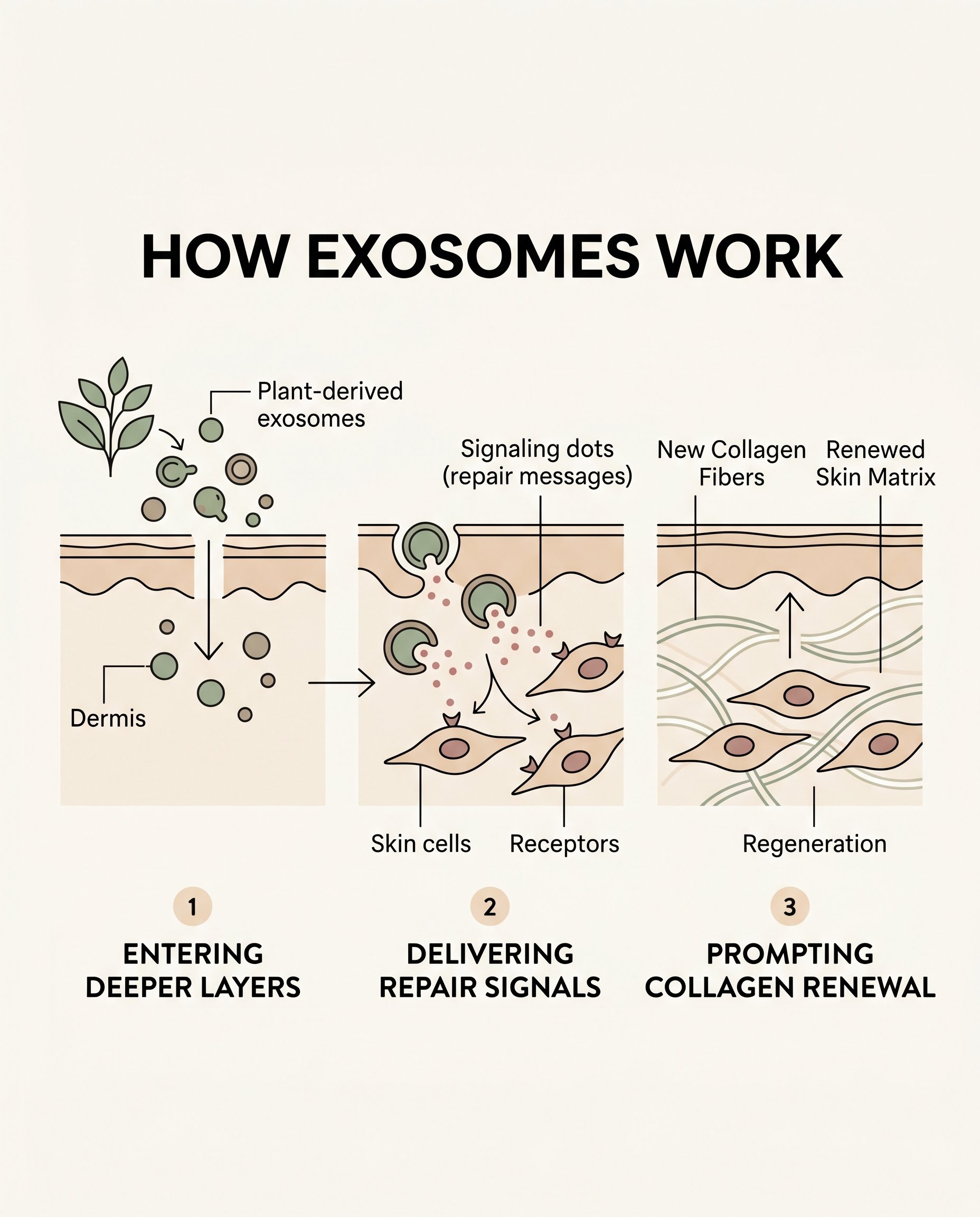 Diagram showing three steps: plant-derived exosomes entering skin, signalling repair to cells, and triggering collagen