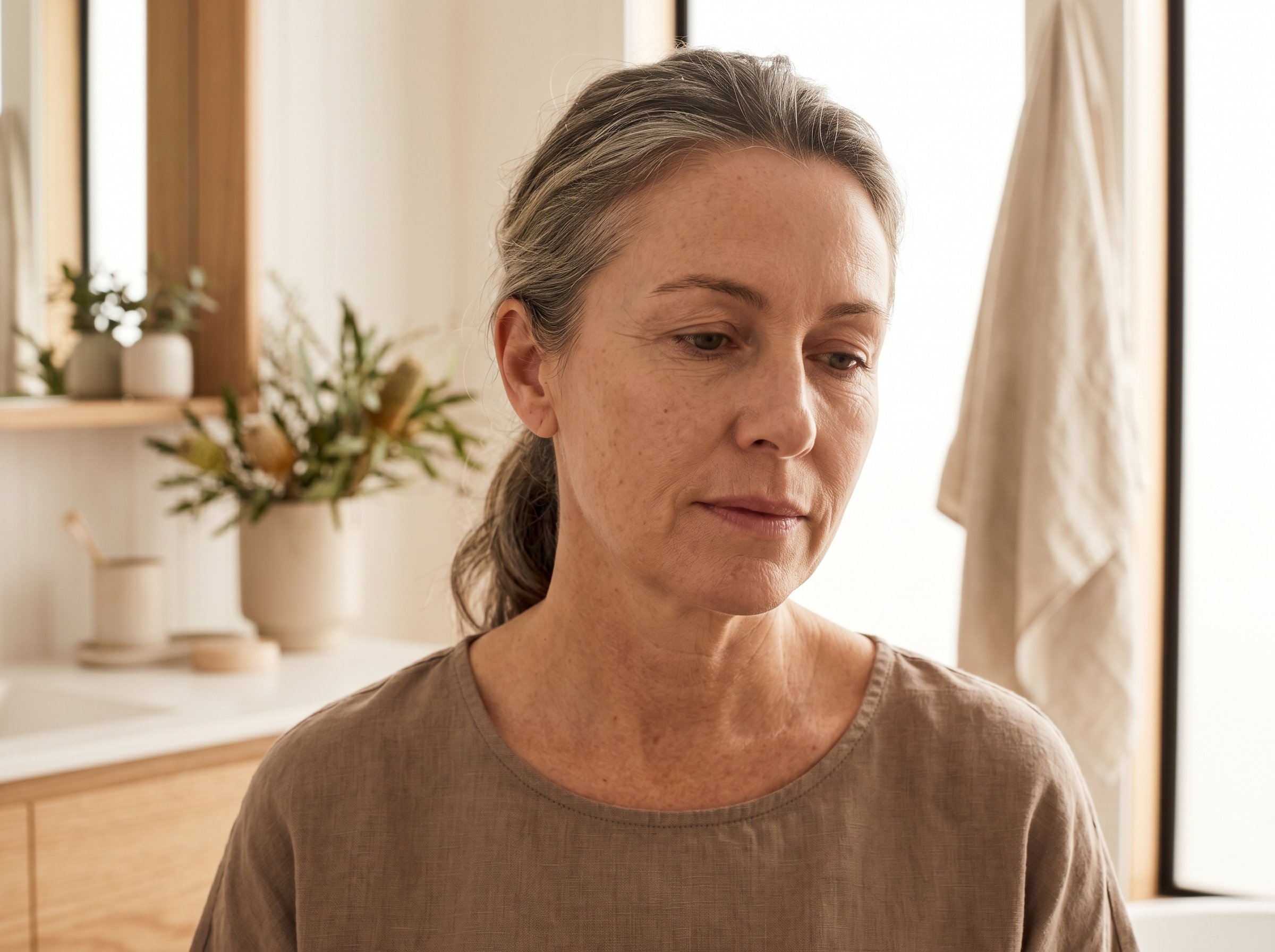 Close portrait of a woman with mature skin in natural light showing real skin texture and fine lines