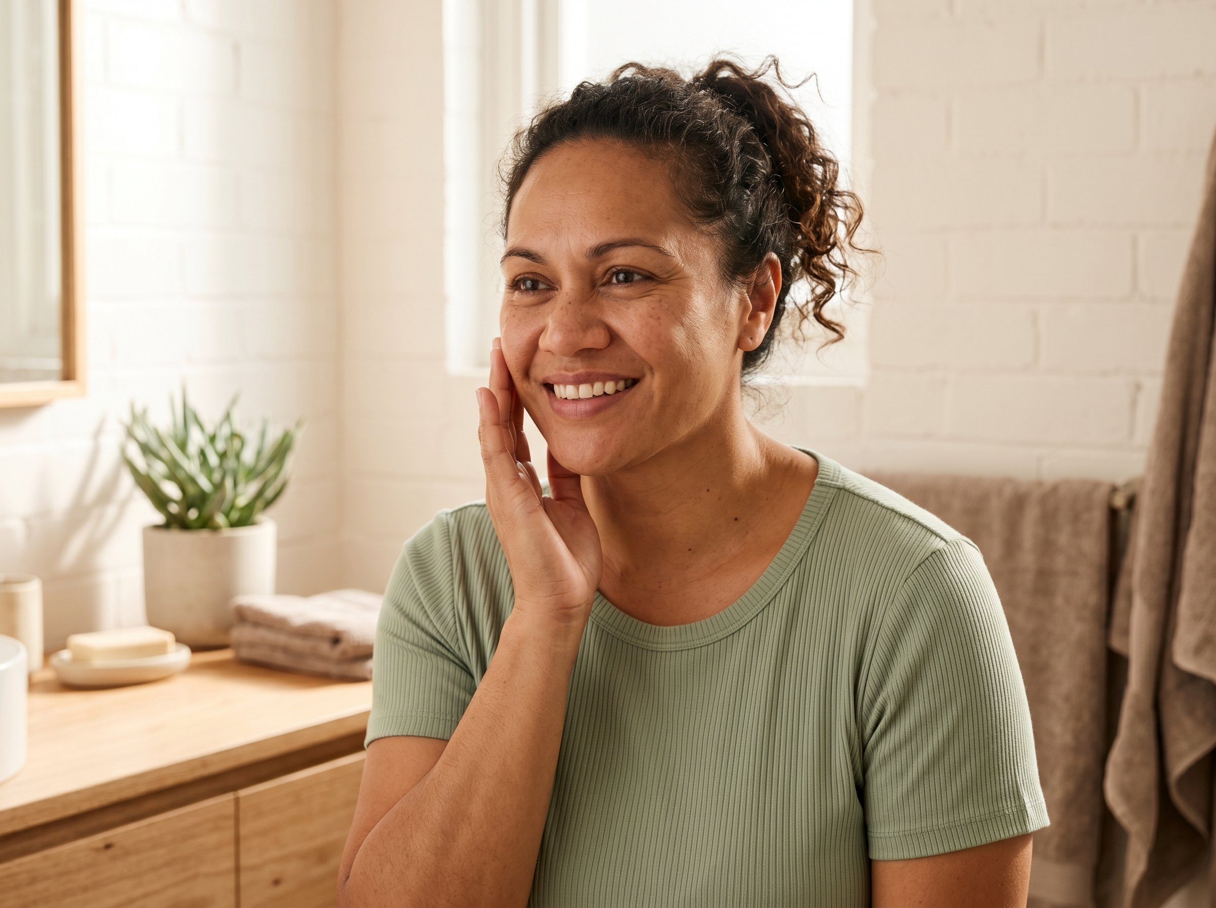 Woman with healthy comfortable skin smiling naturally and touching her cheek in a warm bright room