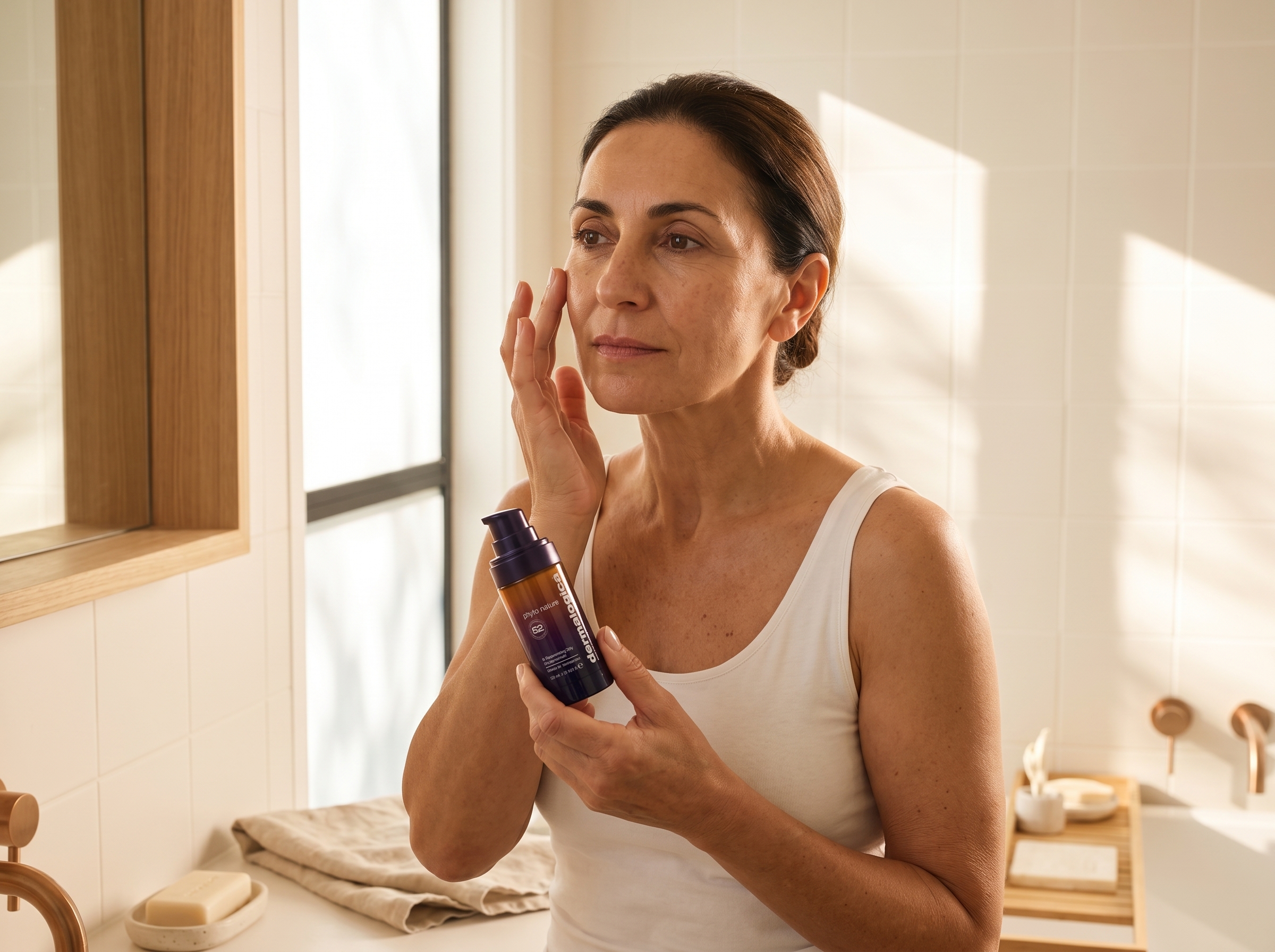 Woman applying a leave-on exosome serum to her face with the Dermalogica E2 product visible on the counter