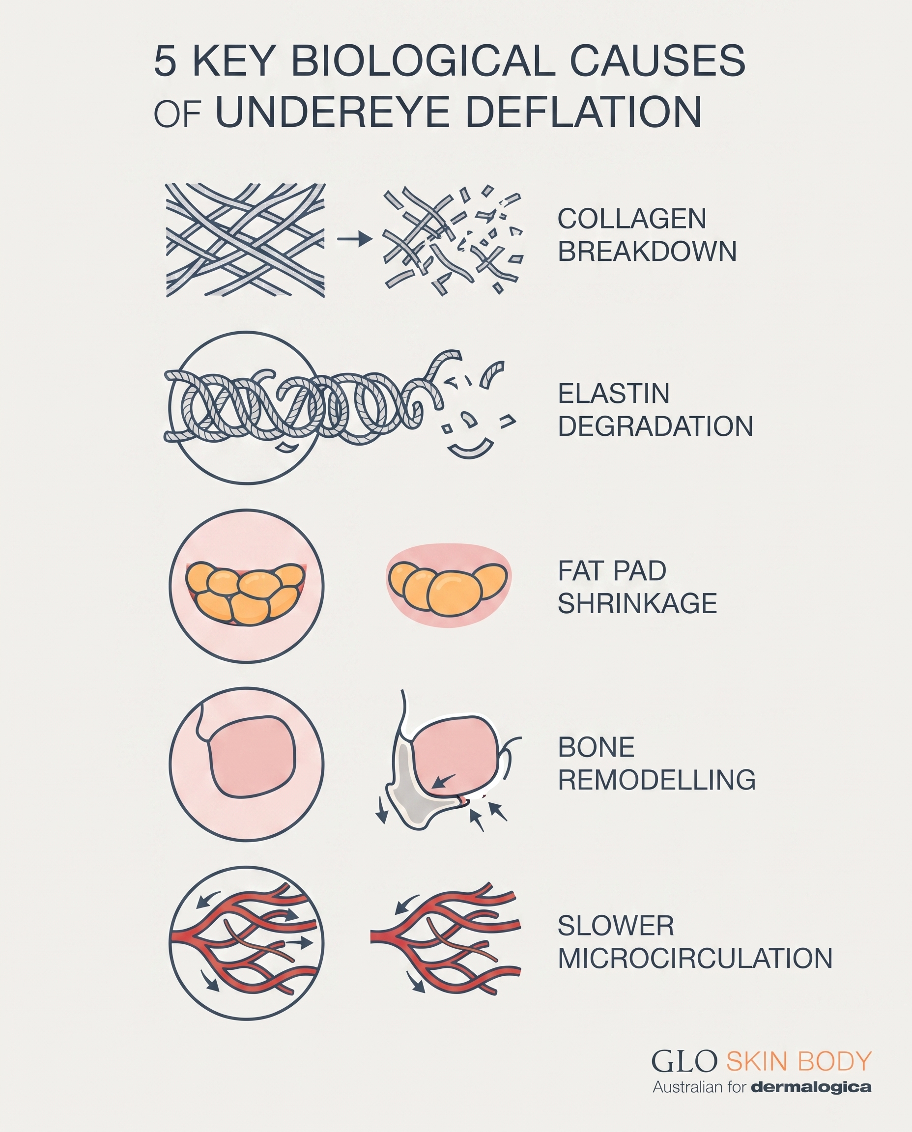 Diagram of five biological causes of undereye deflation including collagen loss and fat pad shrinkage
