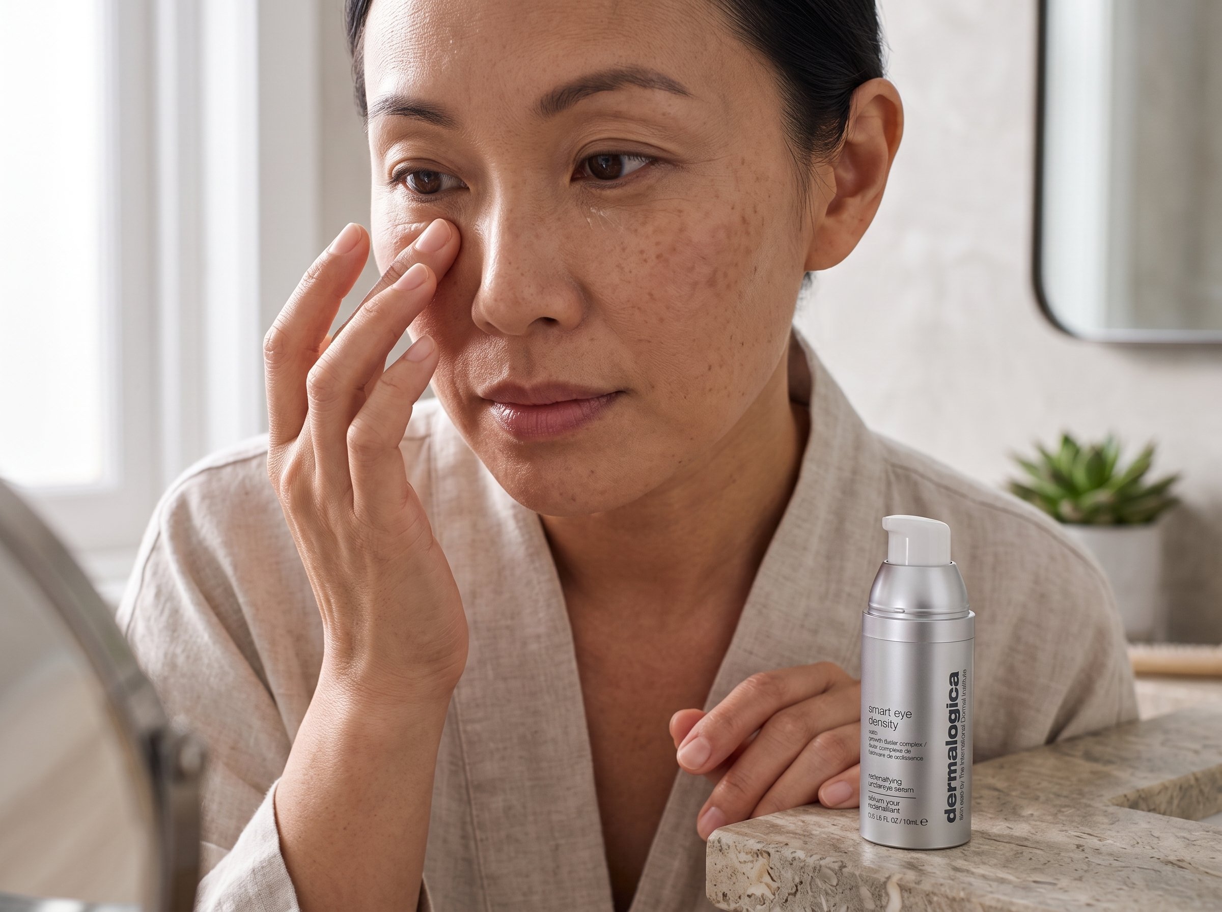 Woman applying Smart Eye Density Booster to undereye area with fingertip
