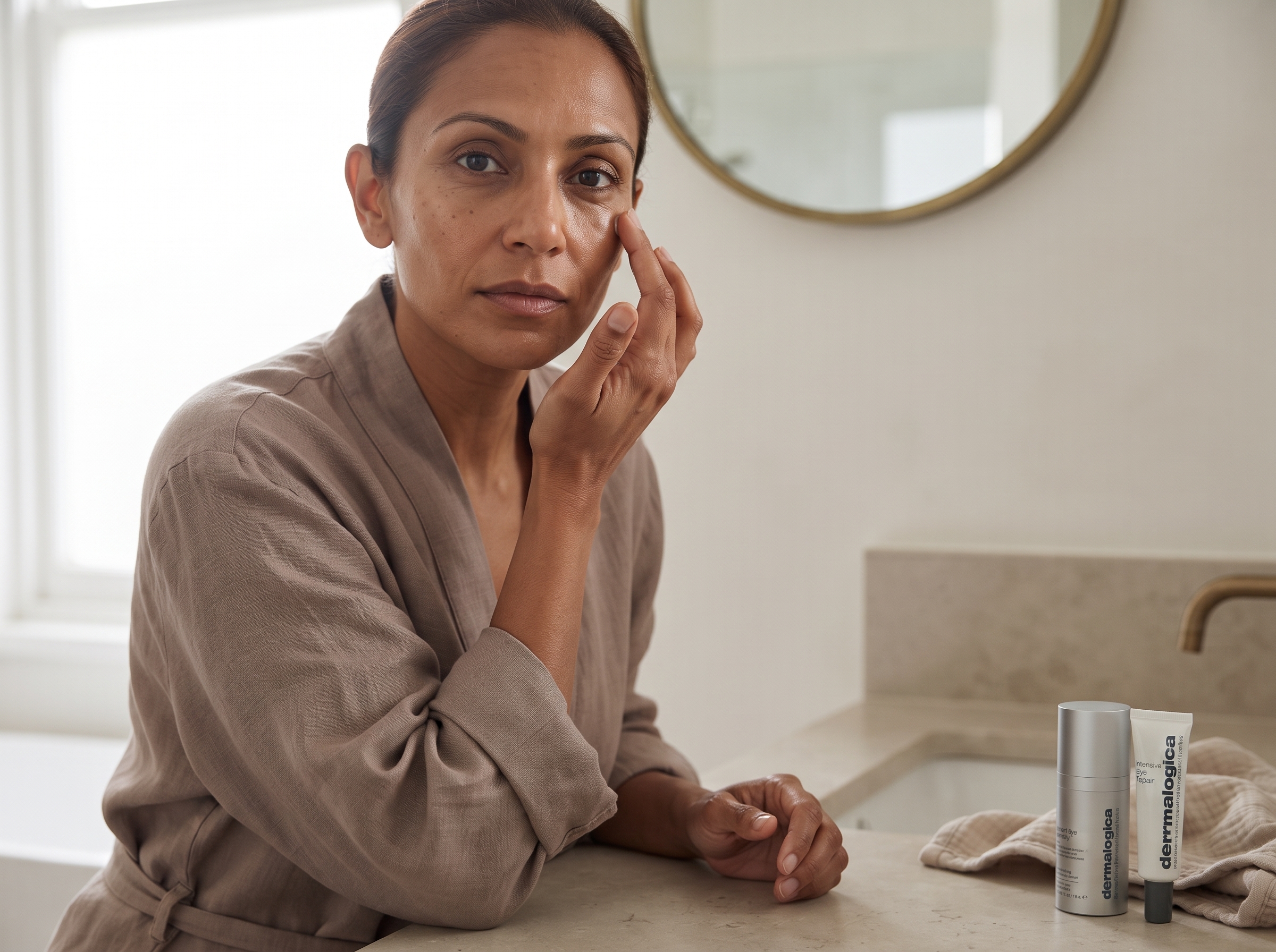Dermalogica Intensive Eye Repair and Stress Positive Eye Lift eye creams styled on a counter