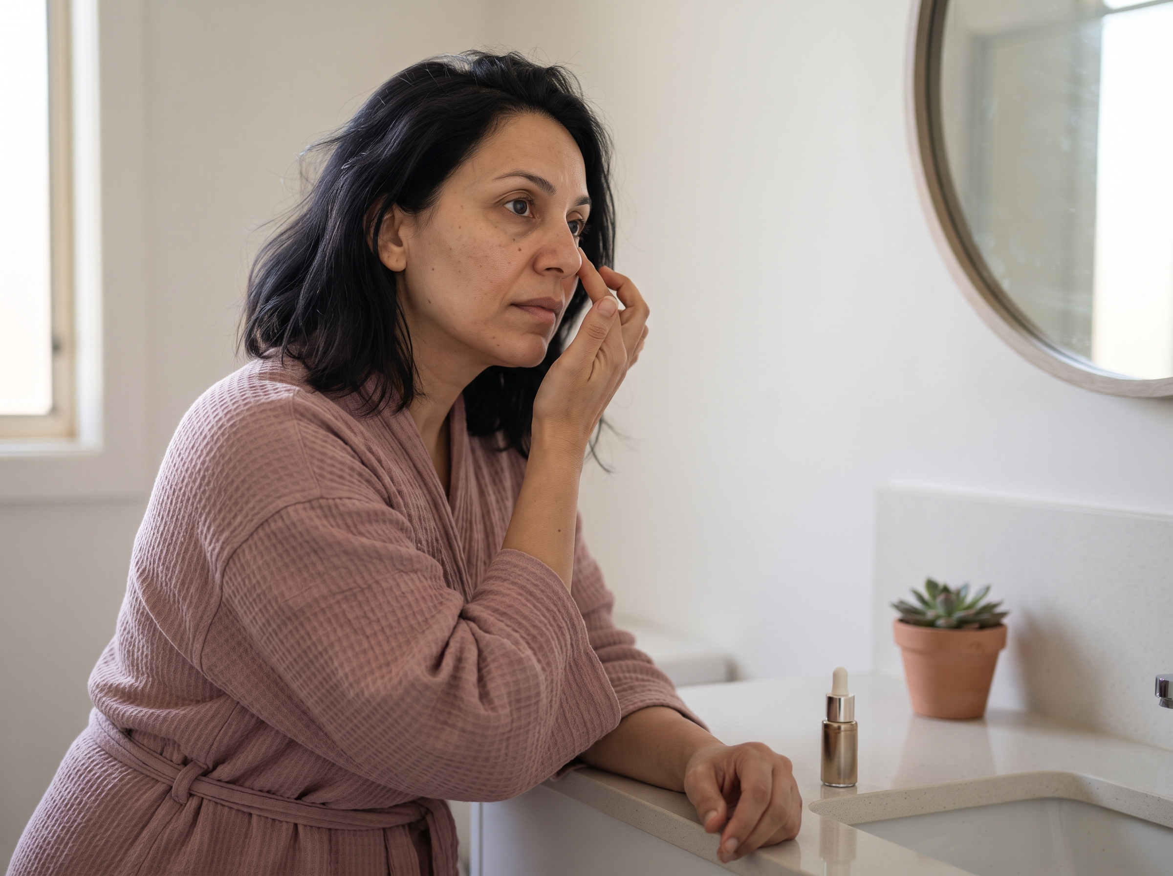 Person gently touching under-eye area in morning light, showing natural puffiness.