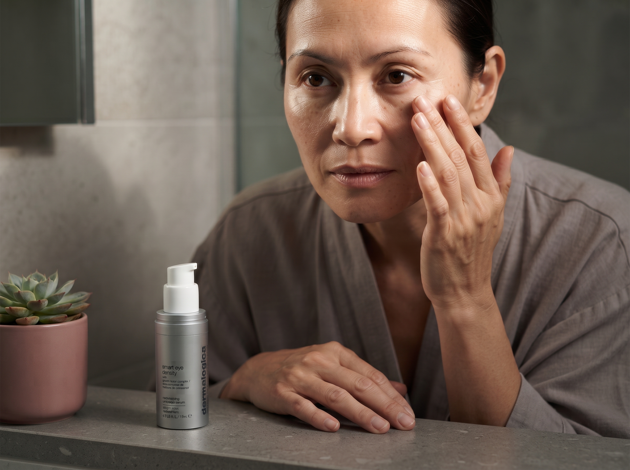 Woman applying eye treatment gently under the eye in morning routine