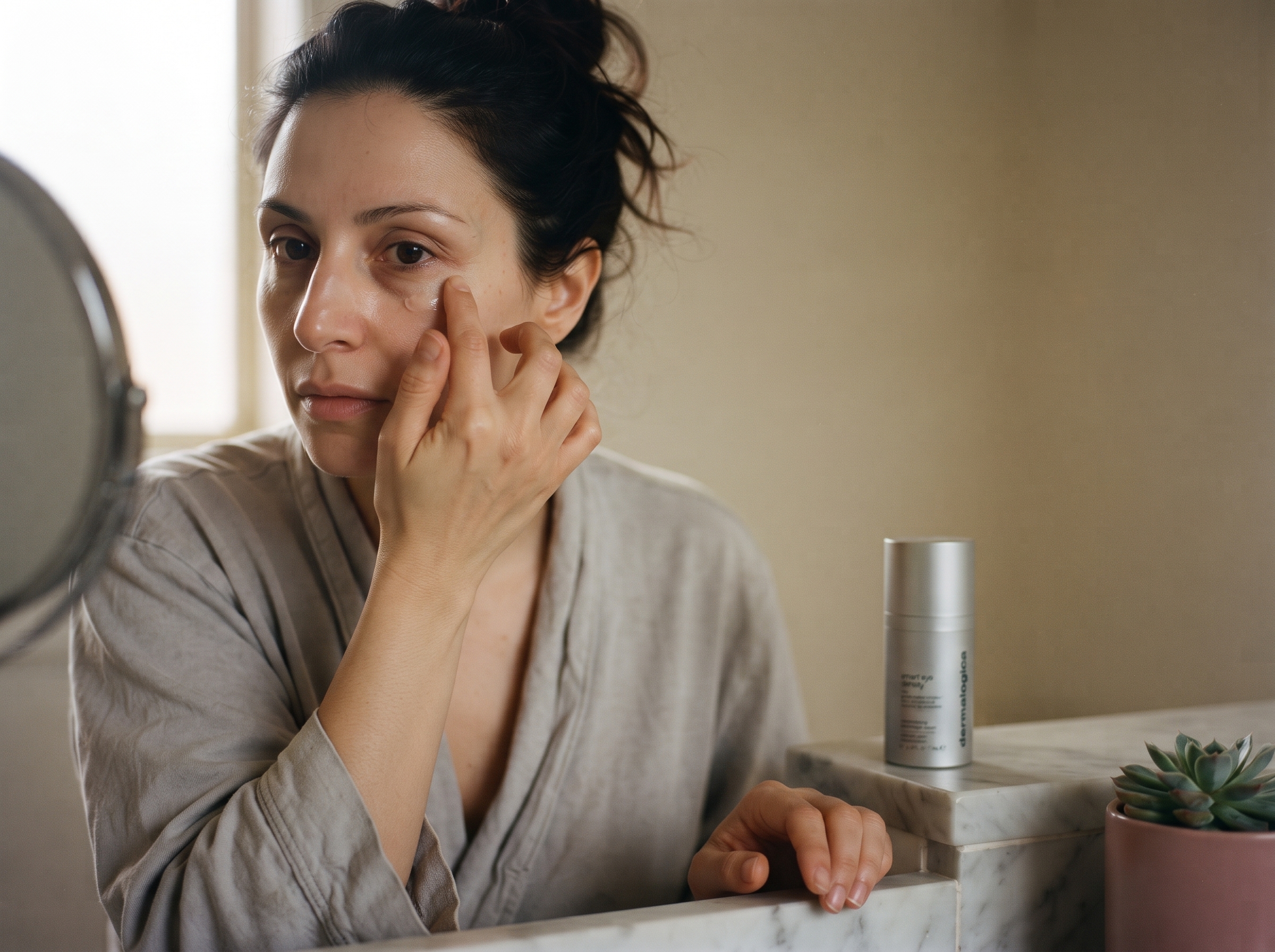 Applying eye-specific serum gently to the under-eye area with a fingertip.