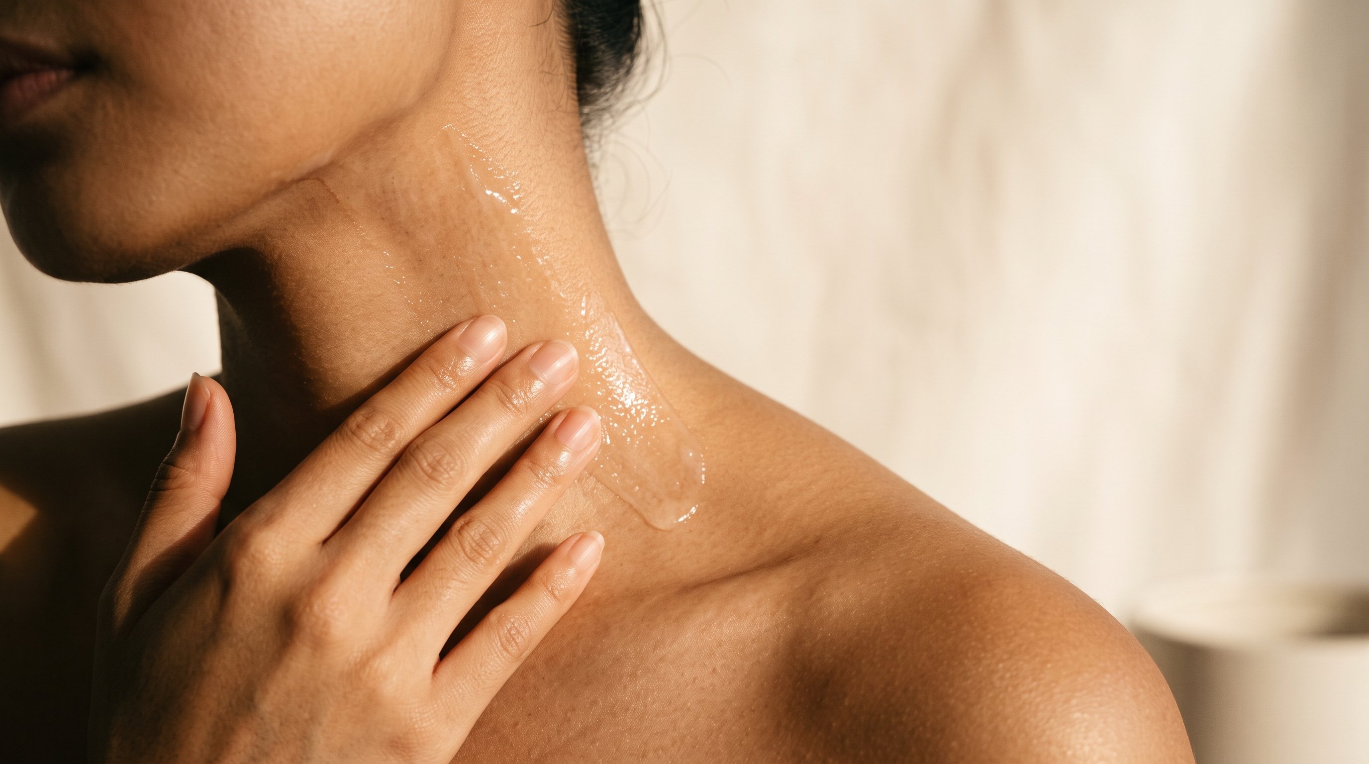 Close-up of a lightweight moisturiser being smoothed onto skin, showing texture and application