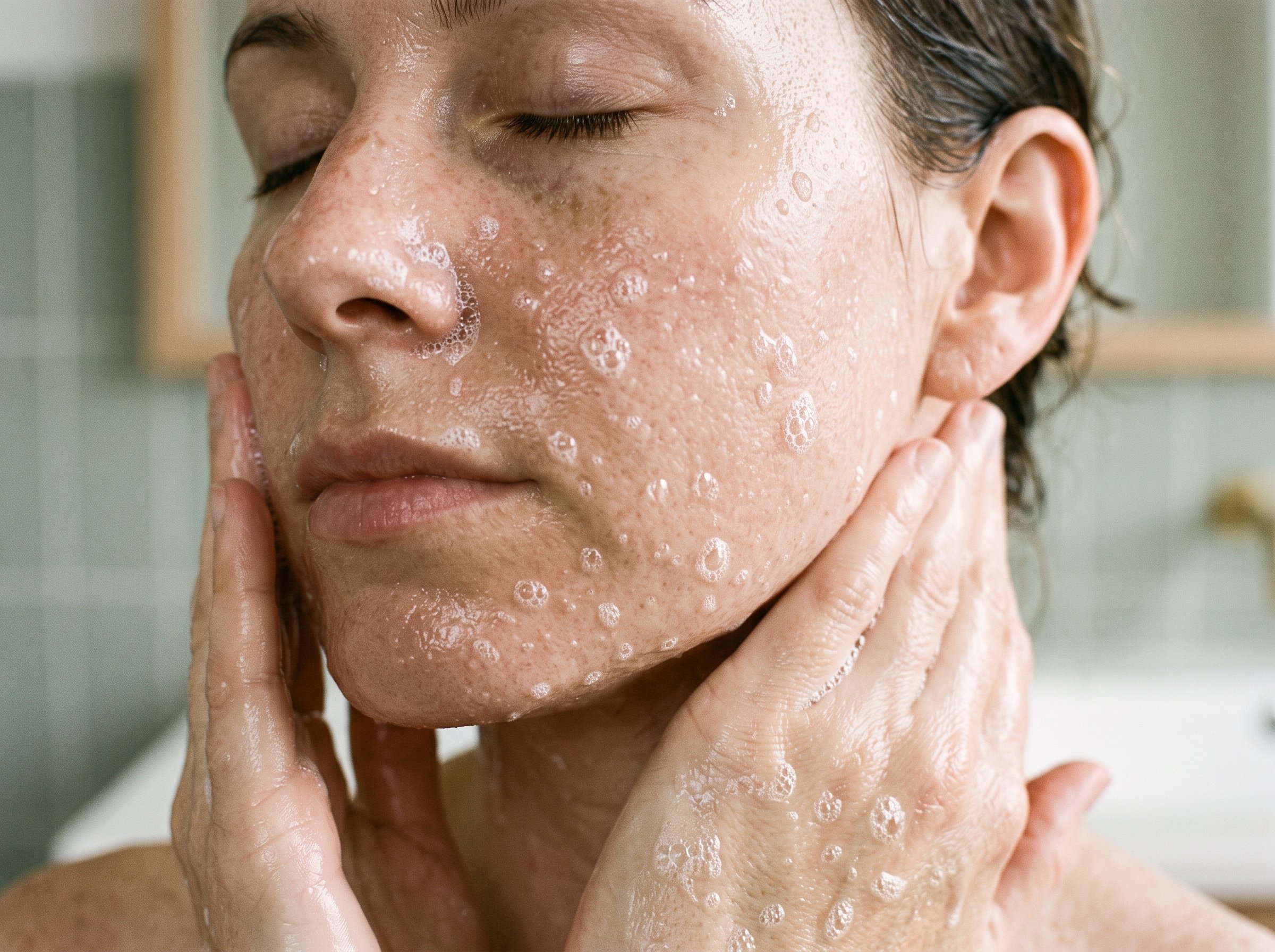 Hands gently cleansing with a pH-balanced cleanser and lukewarm water at a bathroom sink