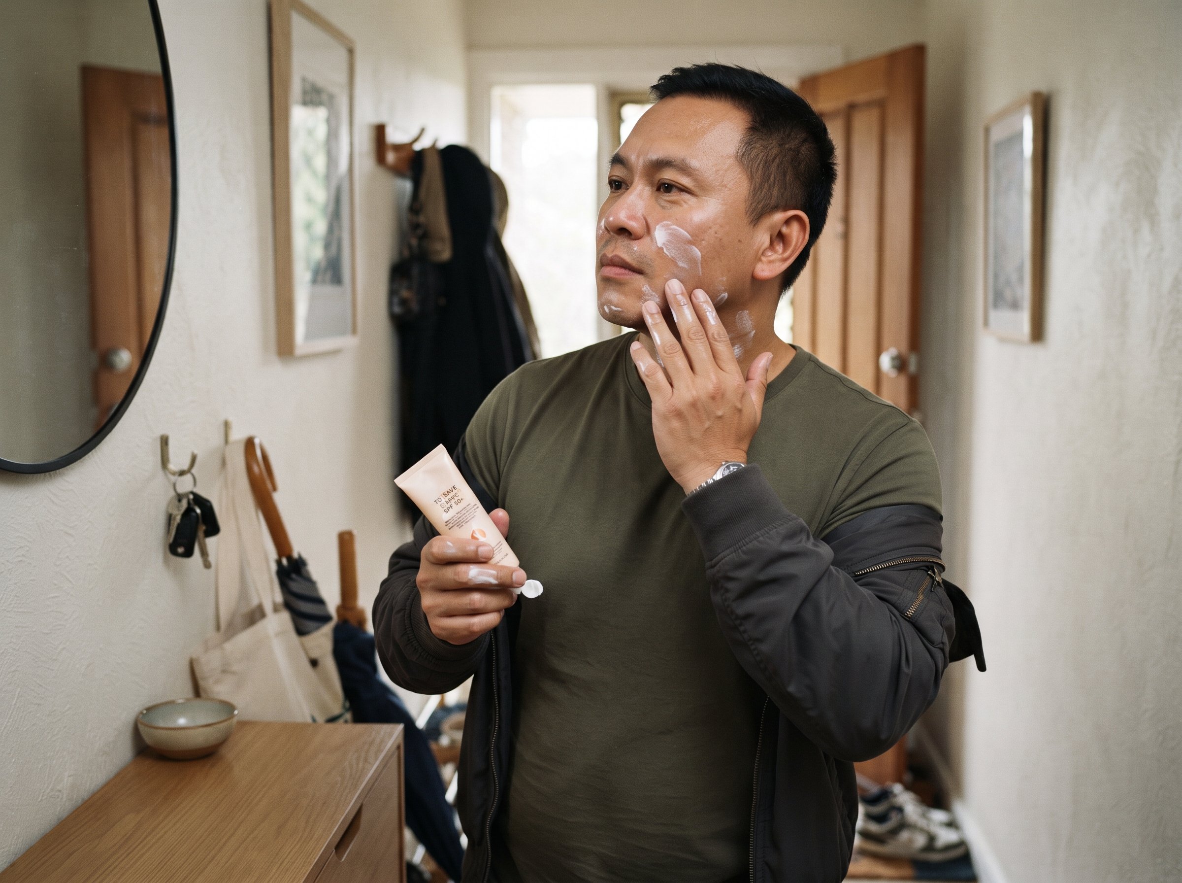 Man applying SPF50 sunscreen to his face before leaving the house