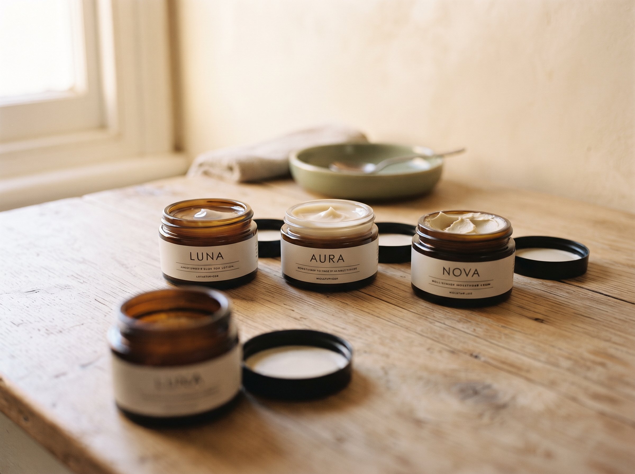 Three moisturiser jars of differing textures lined up side by side