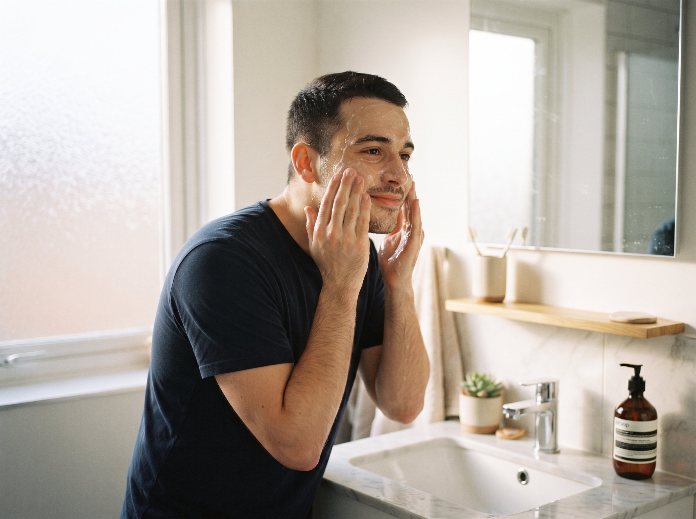 Man applying a soap-free gel cleanser to his face at the bathroom sink