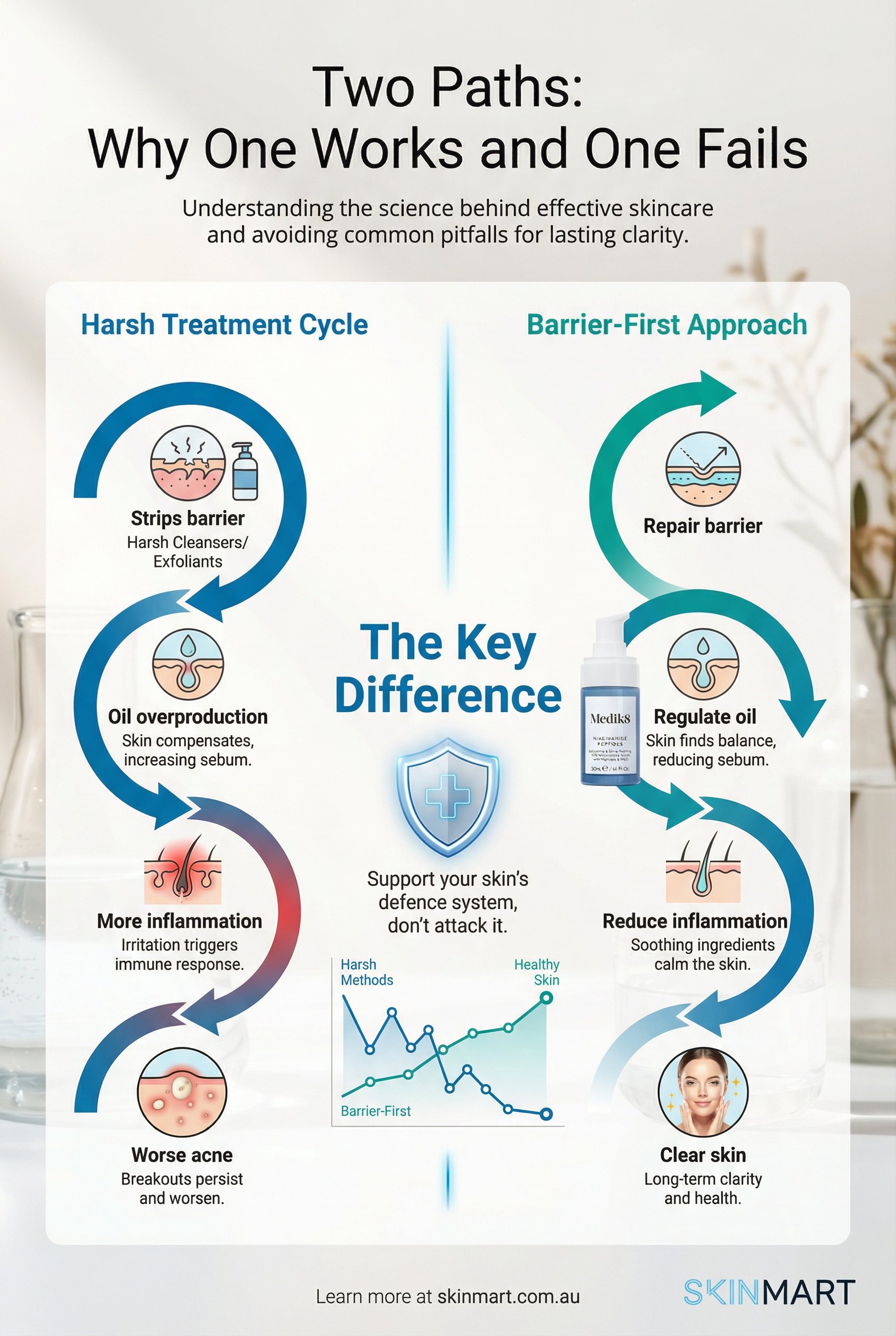 Infographic comparing harsh acne treatment cycle showing barrier damage and worsening breakouts versus barrier-first approach showing repair and improvement