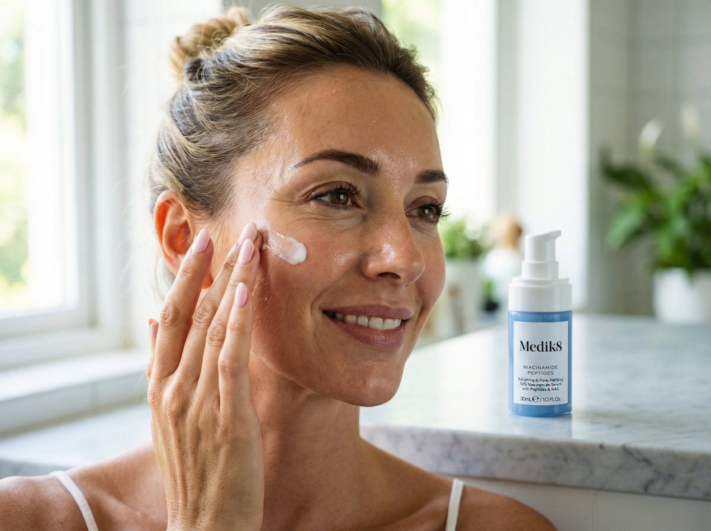 Woman applying niacinamide serum to cheekbone showing proper application technique in bright bathroom setting