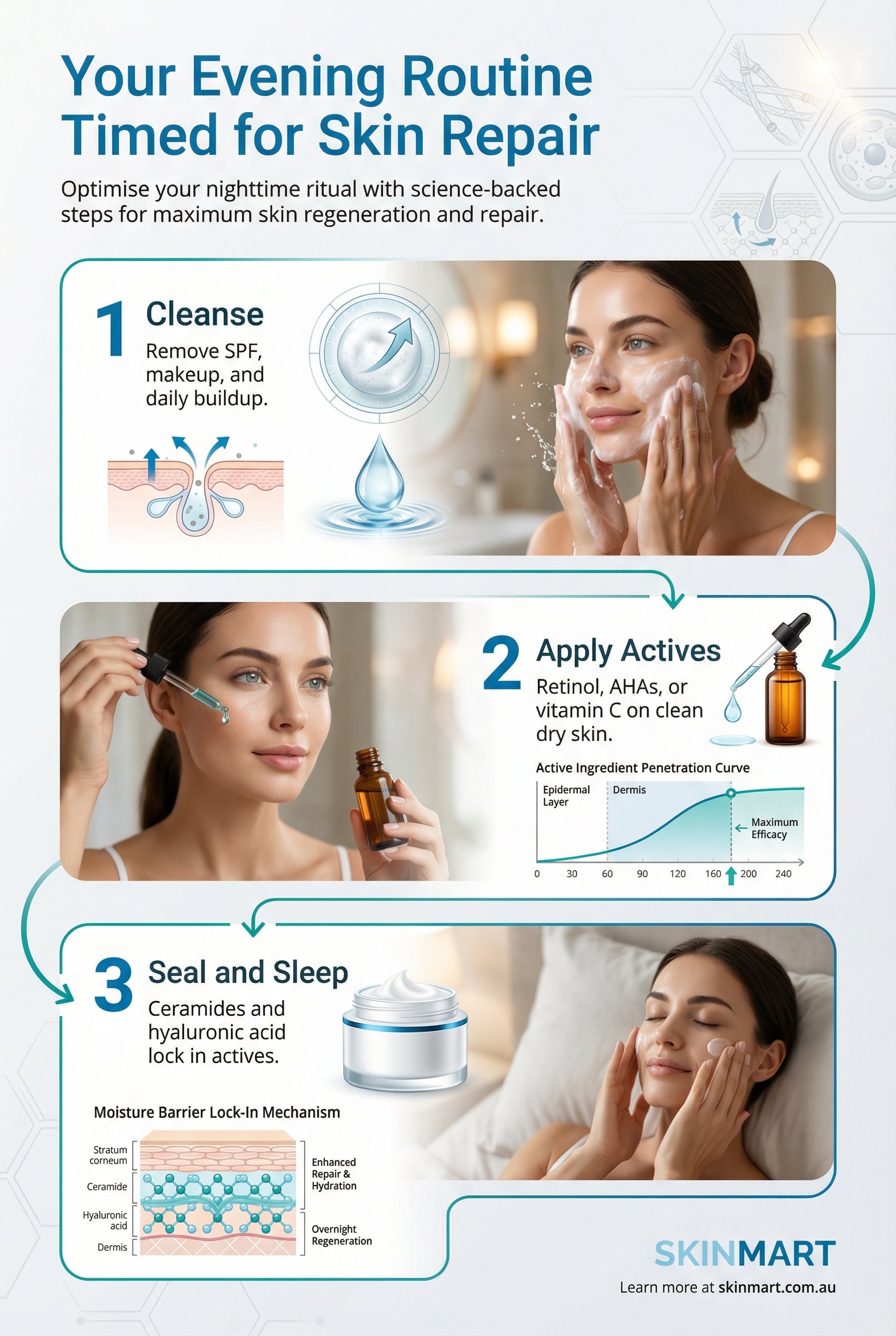 Step-by-step infographic showing a three-step evening skincare routine. Step one is double cleansing to remove SPF and makeup. Step two applies actives like retinol or AHAs to clean dry skin. Step three seals with a ceramide and hyaluronic acid moisturiser at least 30 minutes before sleep.