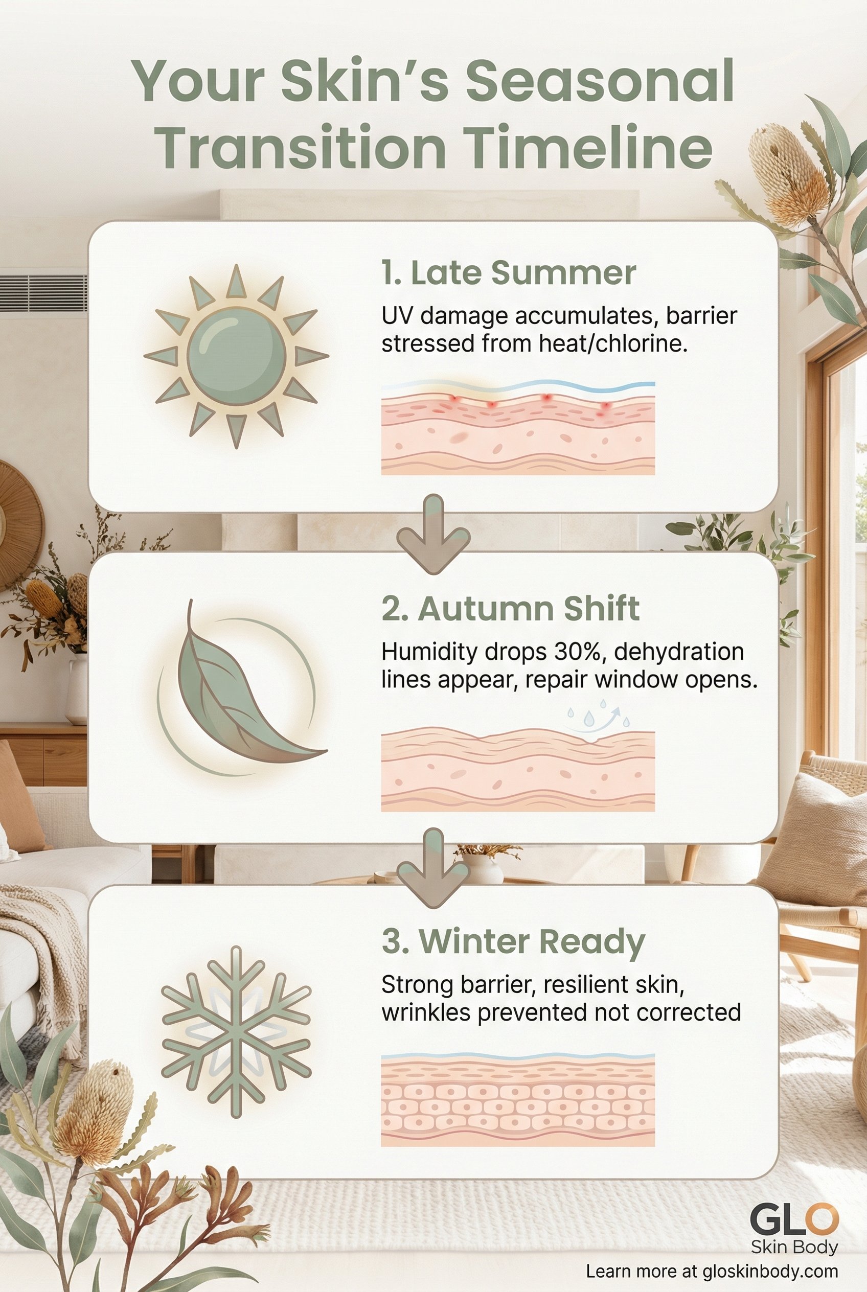 Infographic showing three phases of seasonal skin transition from late summer through autumn to winter readiness, with icons and brief descriptions of skin needs at each phase