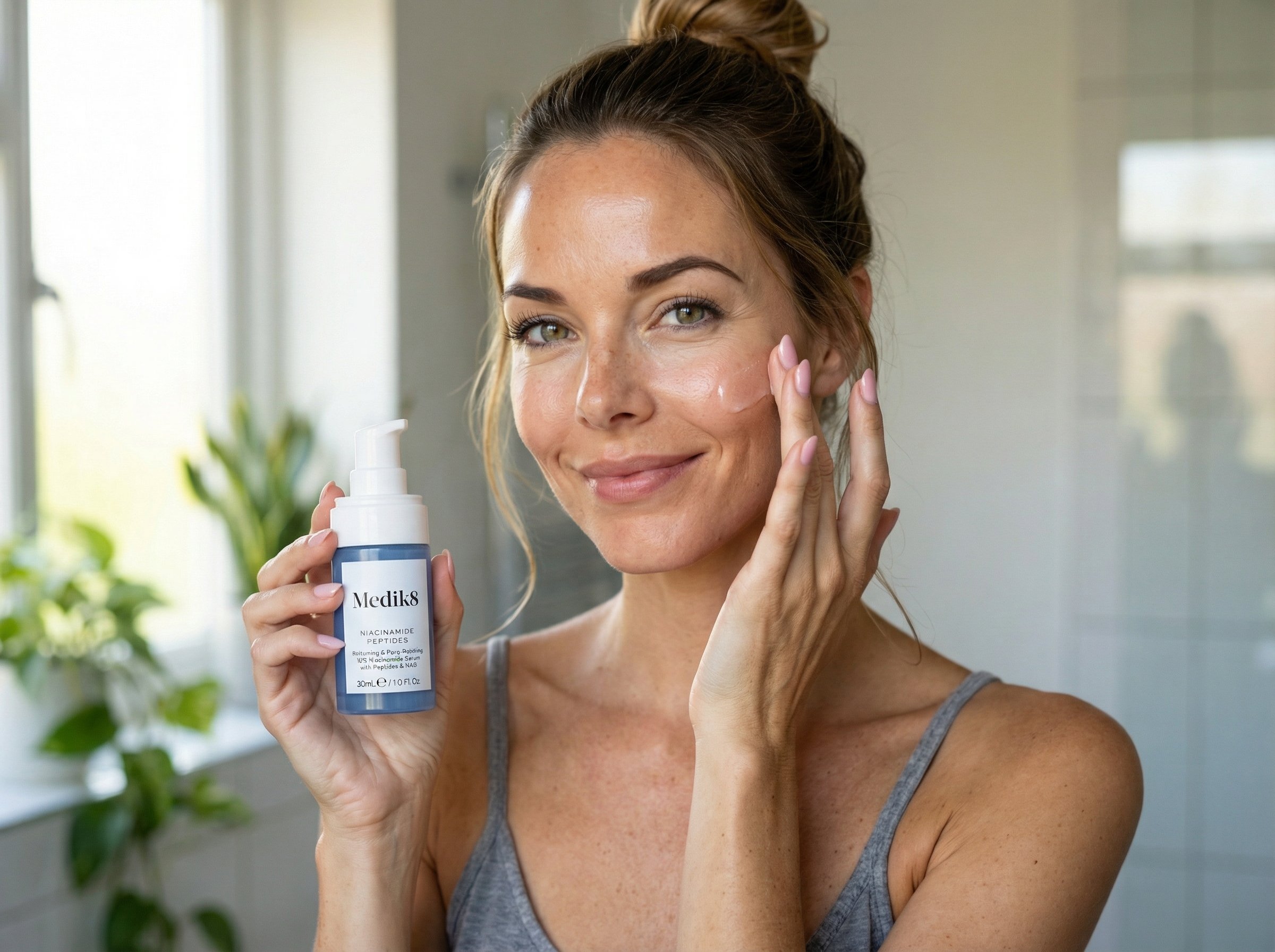 Woman applying niacinamide peptide serum to her cheek with fingertips, demonstrating proper application technique for pore-refining treatment