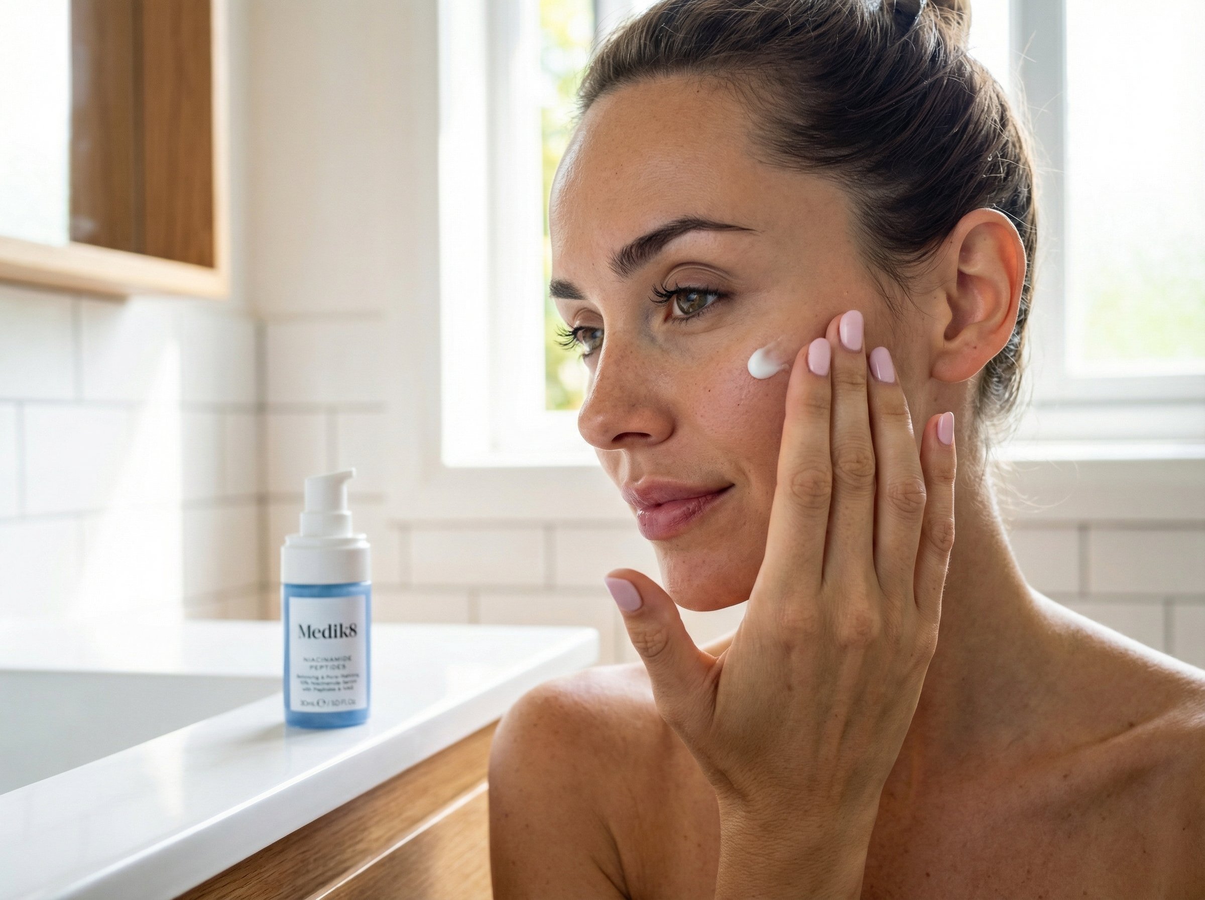Woman applying lightweight hydrating serum to her cheek demonstrating proper application technique for dehydrated skin