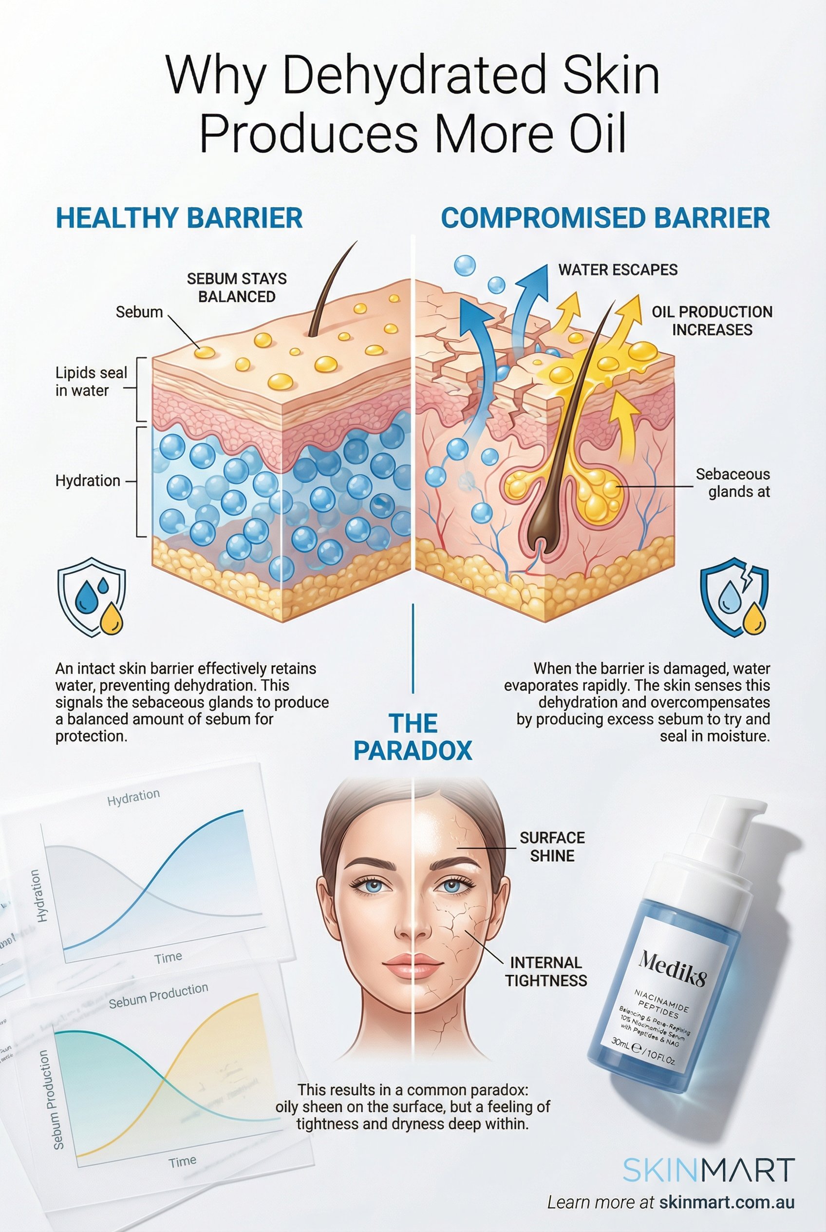 Split diagram comparing healthy skin barrier retaining water on left versus compromised barrier with water loss and excess oil production on right