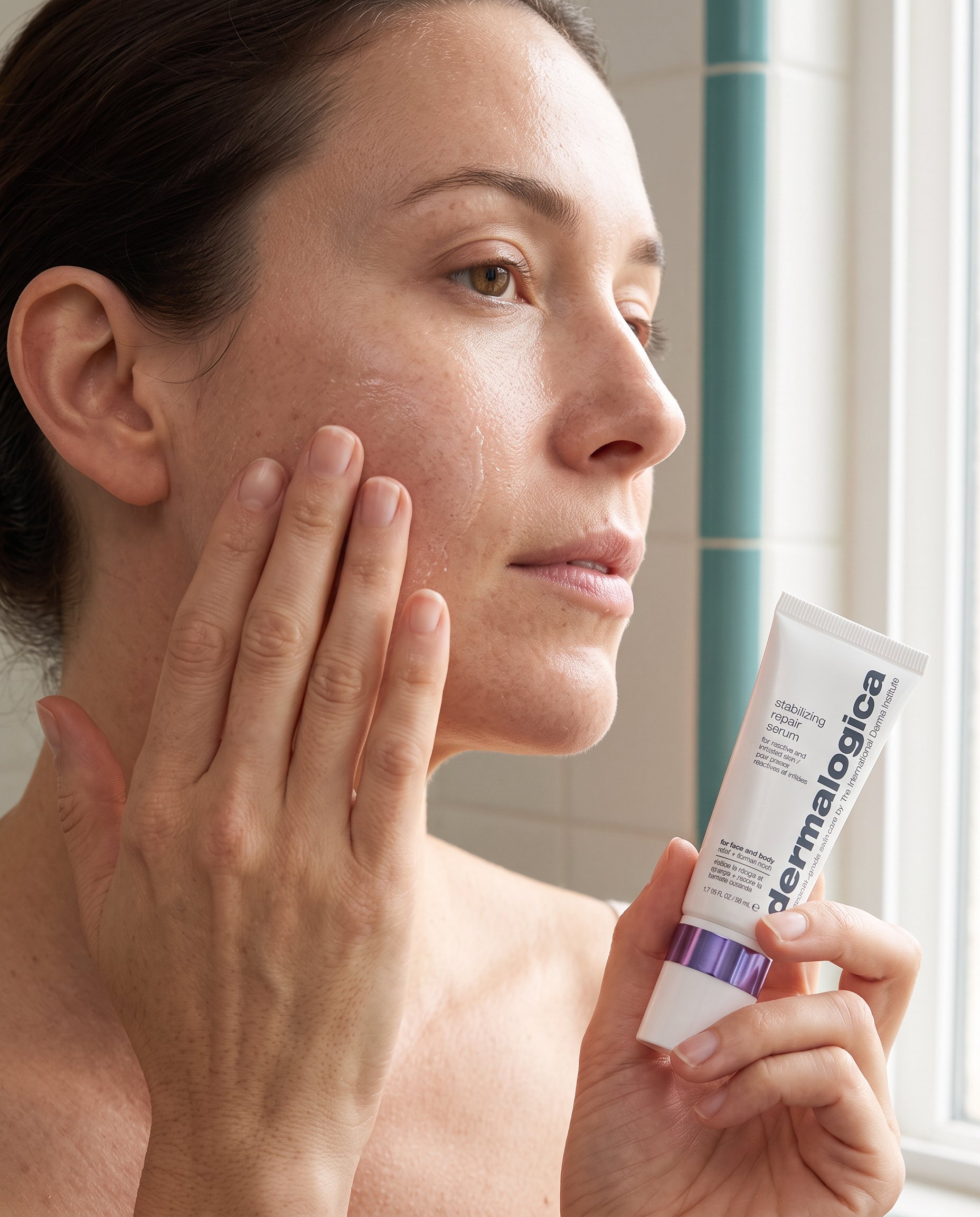 Fingertips gently patting serum onto the cheek instead of rubbing it in