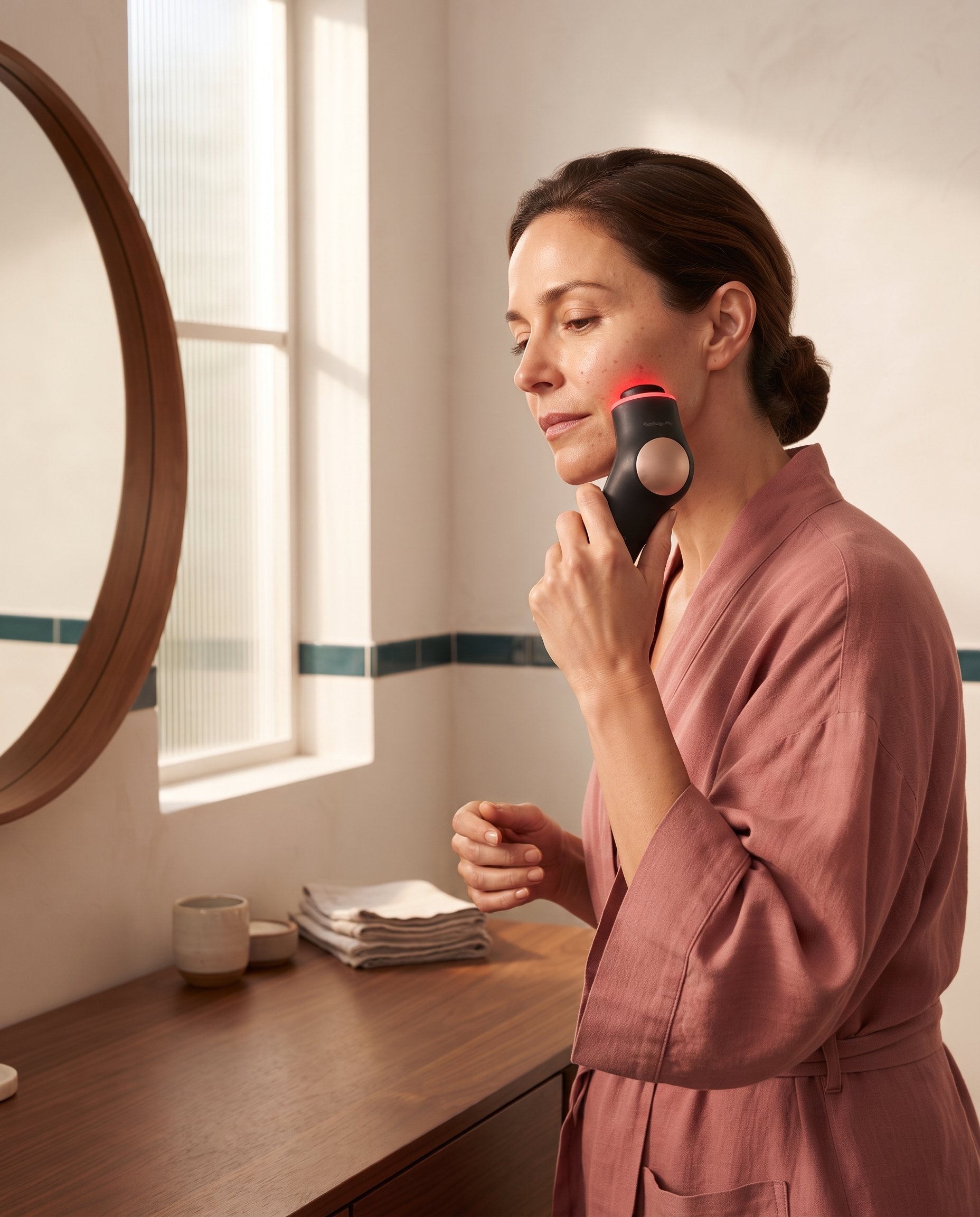 Woman holding the TheraFace PRO with red LED attachment against her cheek in a mirror.