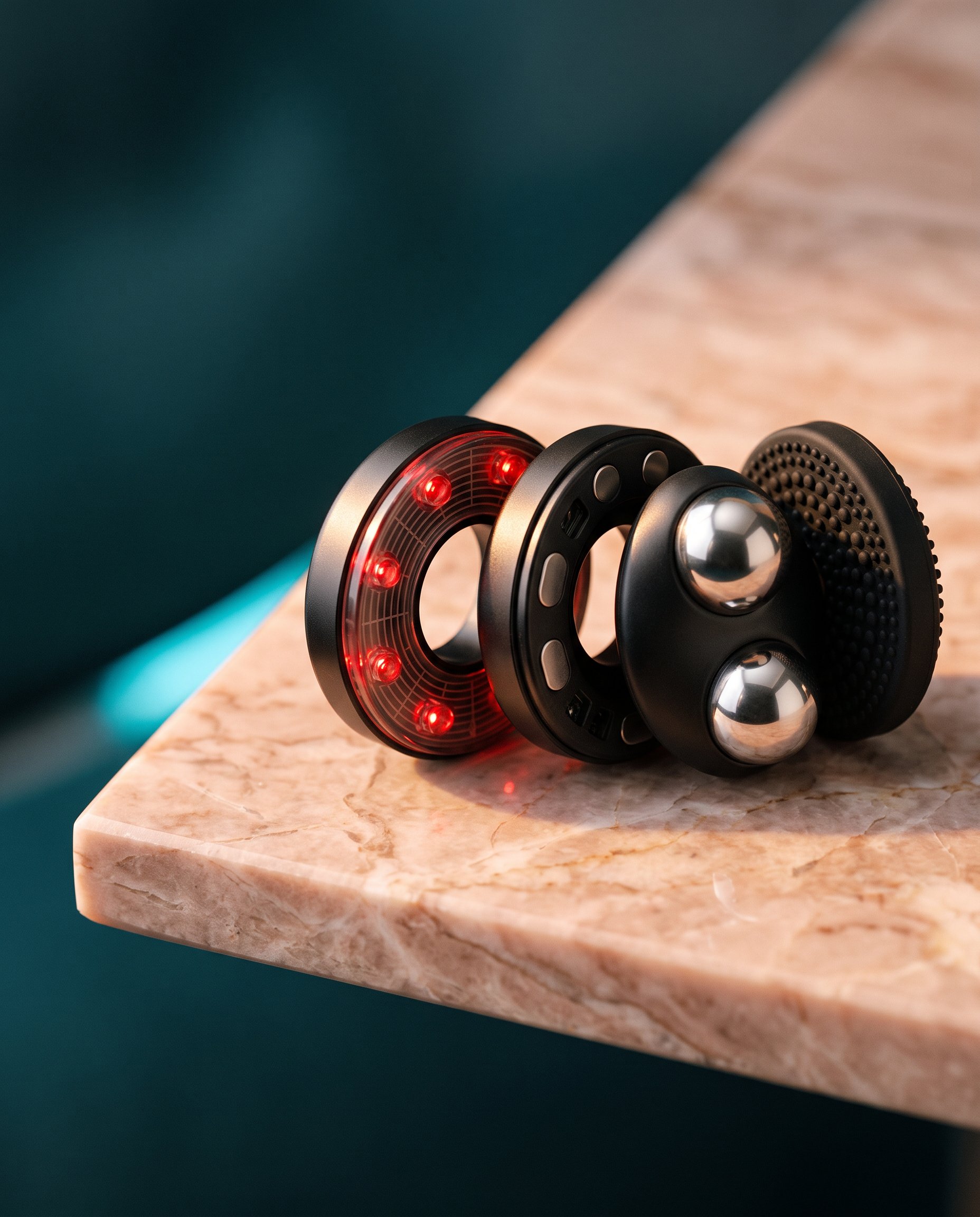 Four TheraFace PRO attachment rings arranged side by side on a marble surface.