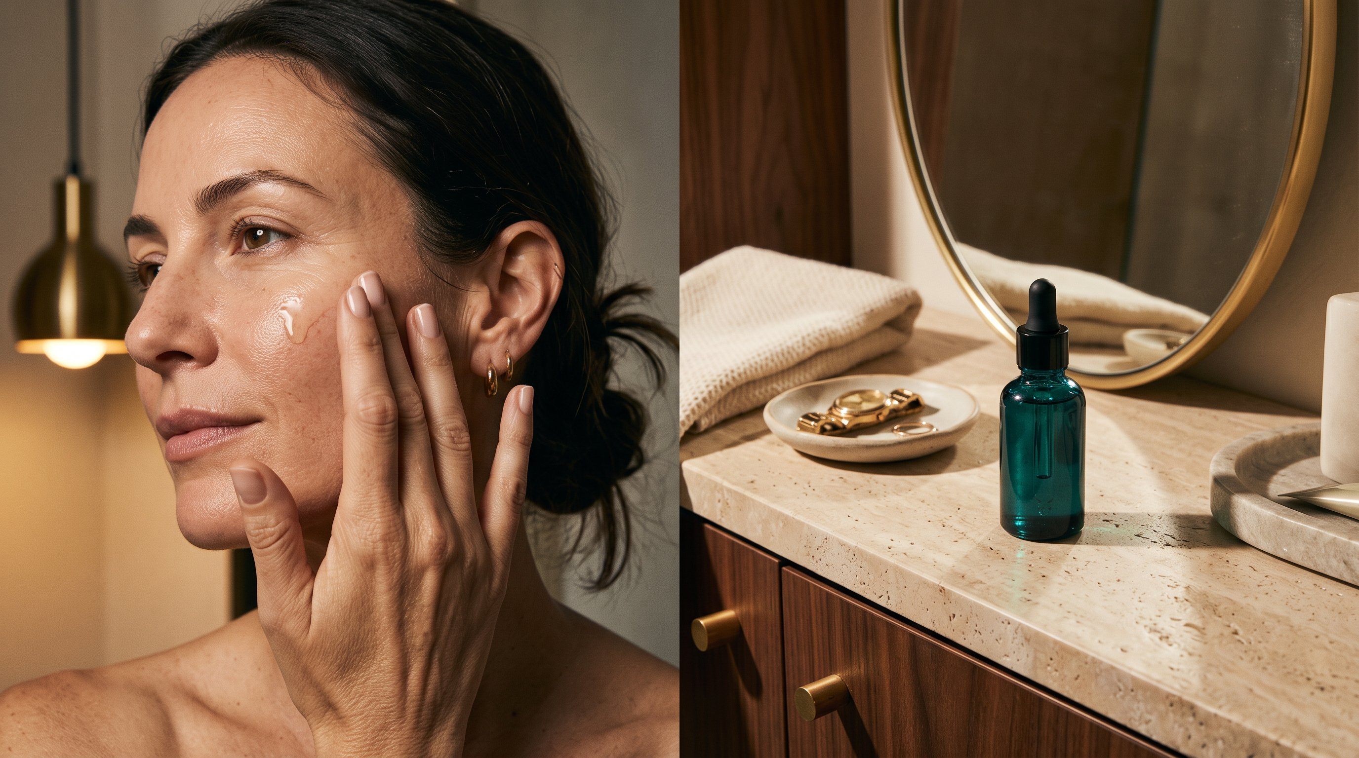 Person applying a skincare product to their face as part of an evening routine.