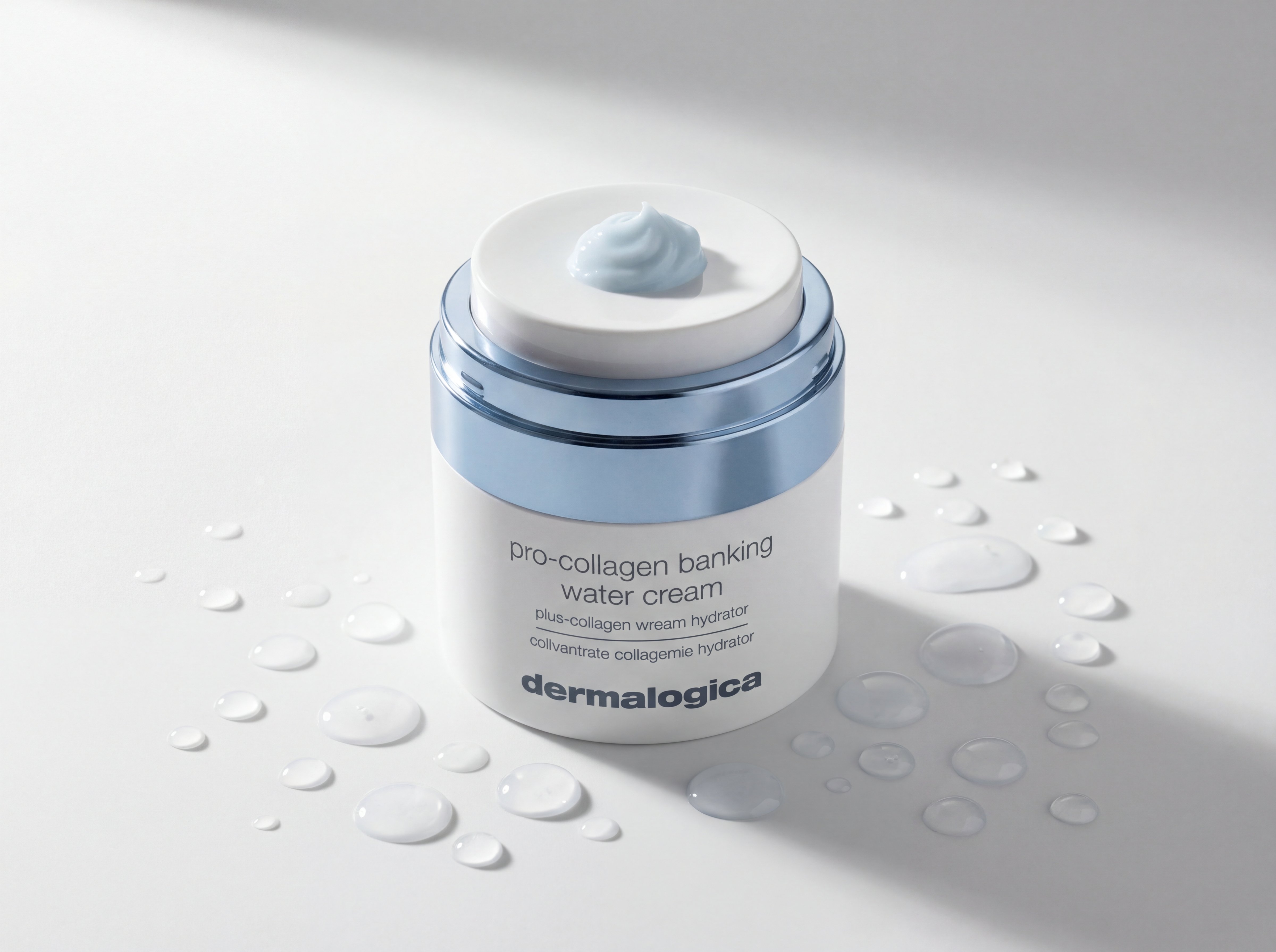 Dermalogica Pro-Collagen Banking Water Cream jar on white surface with water droplets, professional product photography