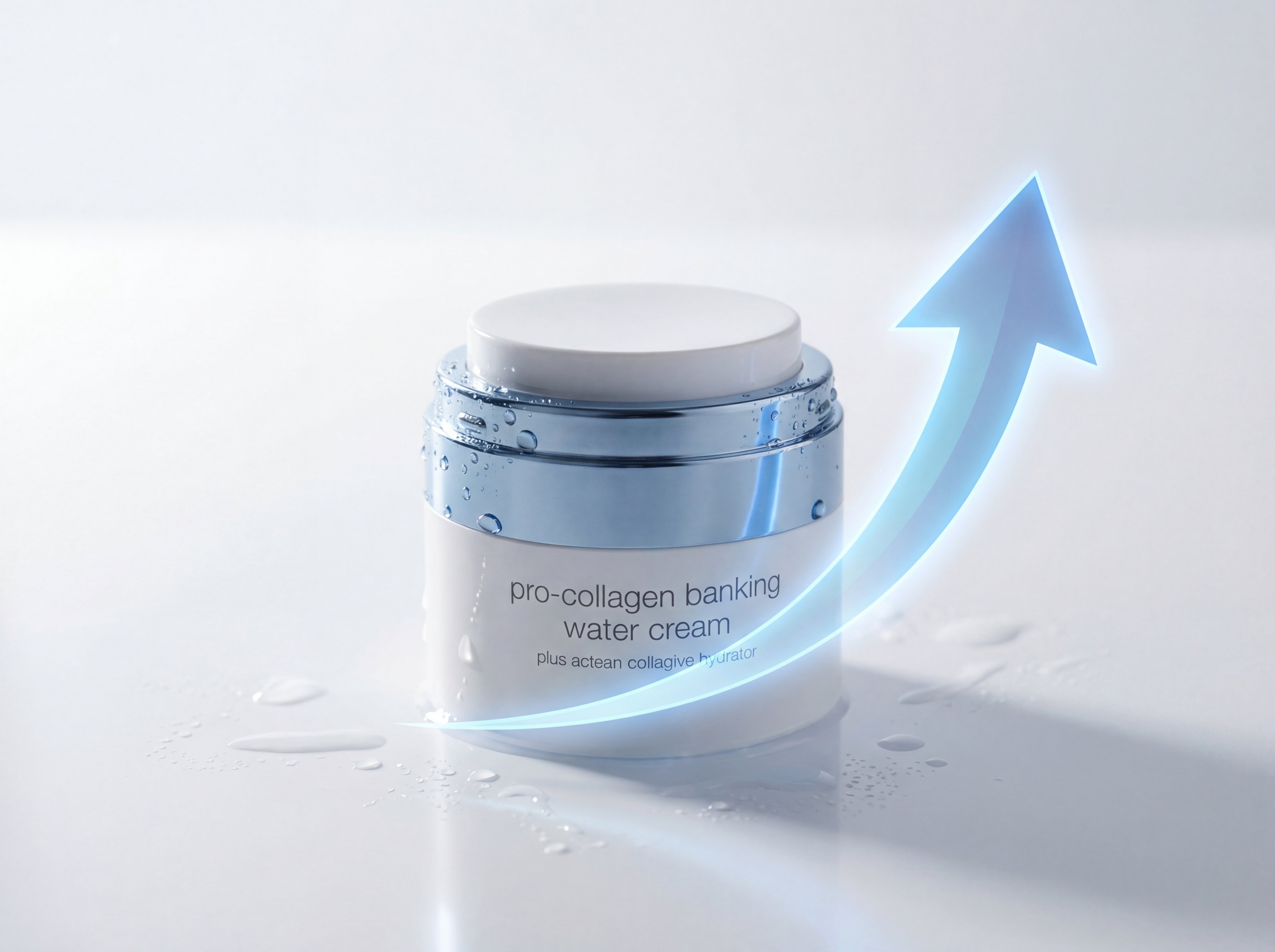 Pro-Collagen Banking Water Cream jar with water droplets, showing lightweight water-burst texture designed to stimulate collagen production